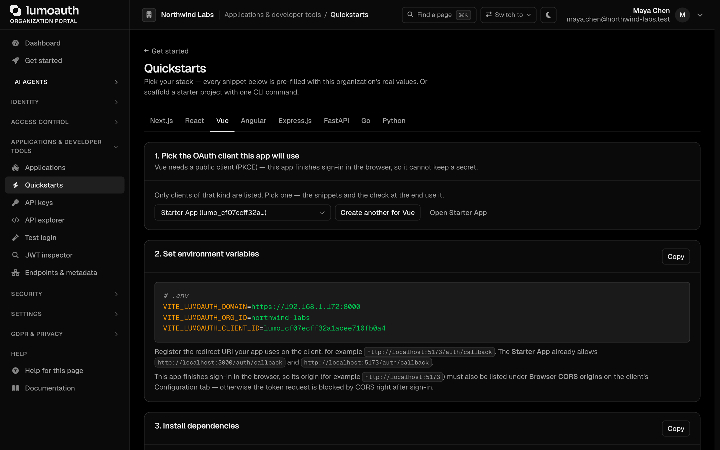 The Quickstarts page with the Vue tab selected, showing pre-filled environment variables