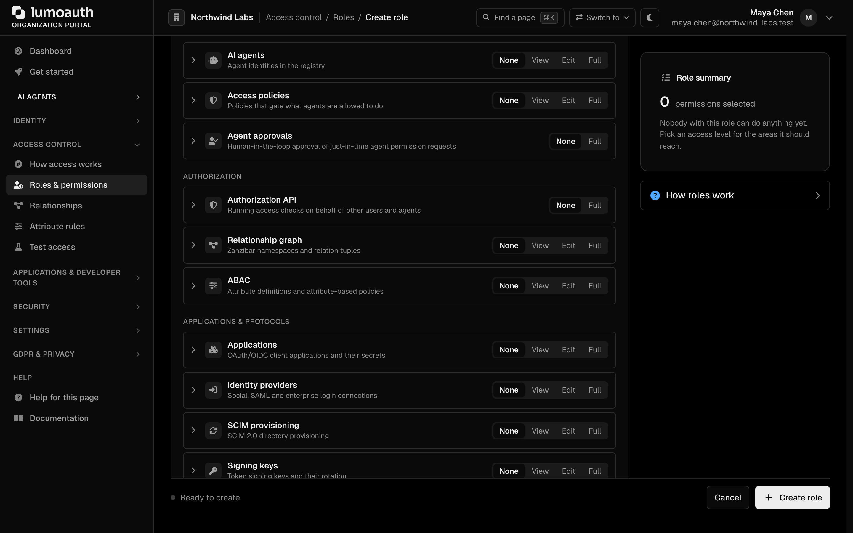 The Agent approvals row in the AI agents group of the role permission matrix