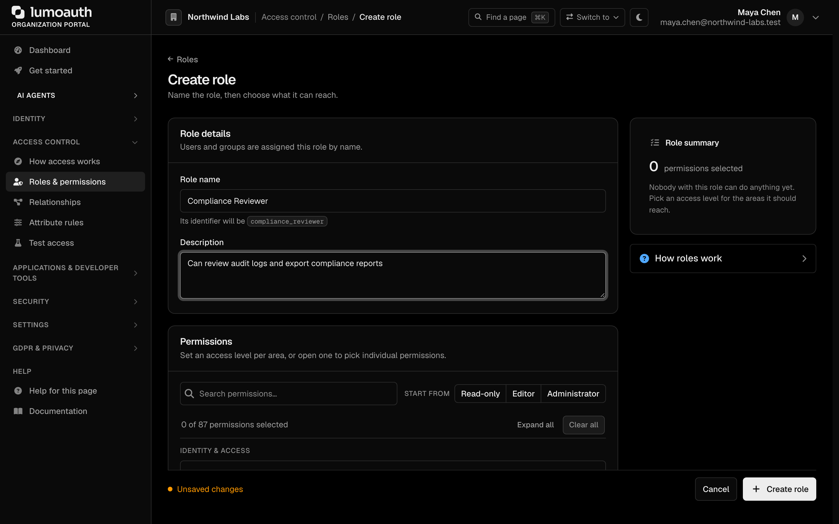 The Create role form with the role name and description filled in