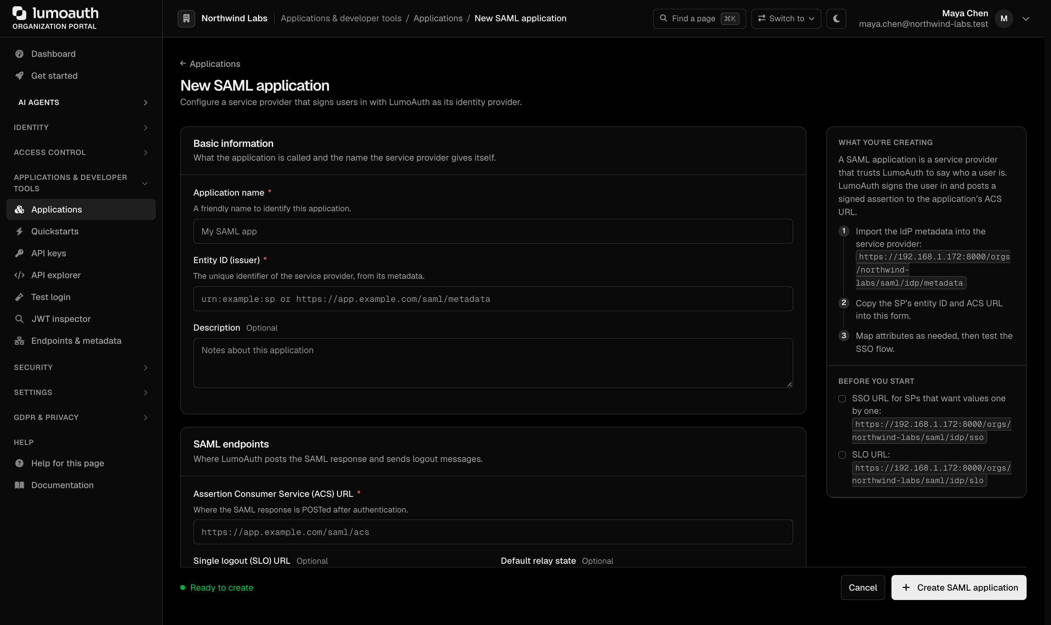 The New SAML application form