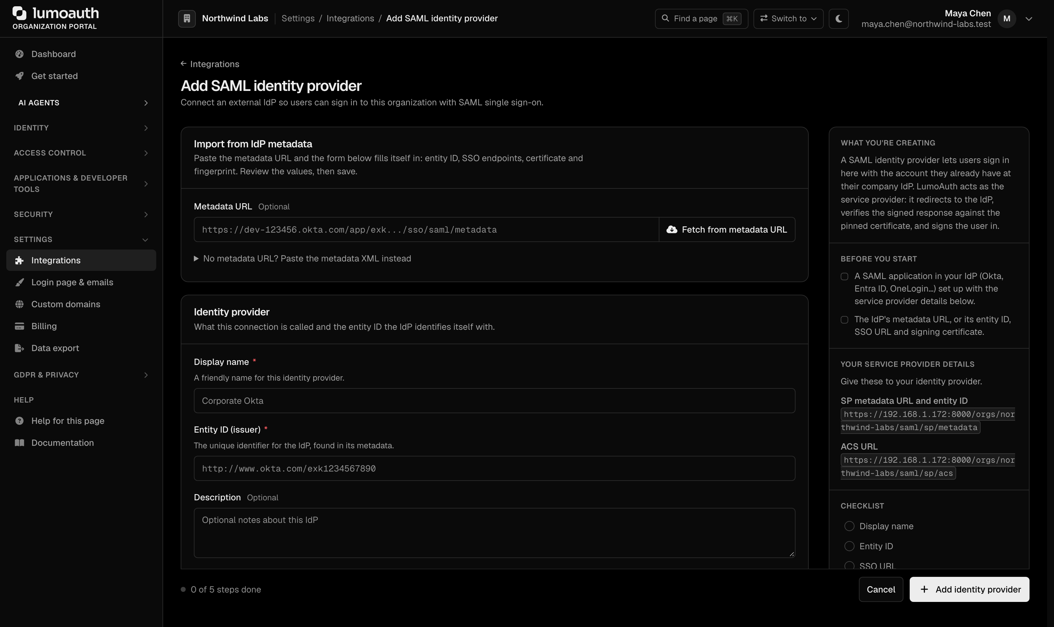 The Add SAML identity provider form with the Import from IdP metadata card