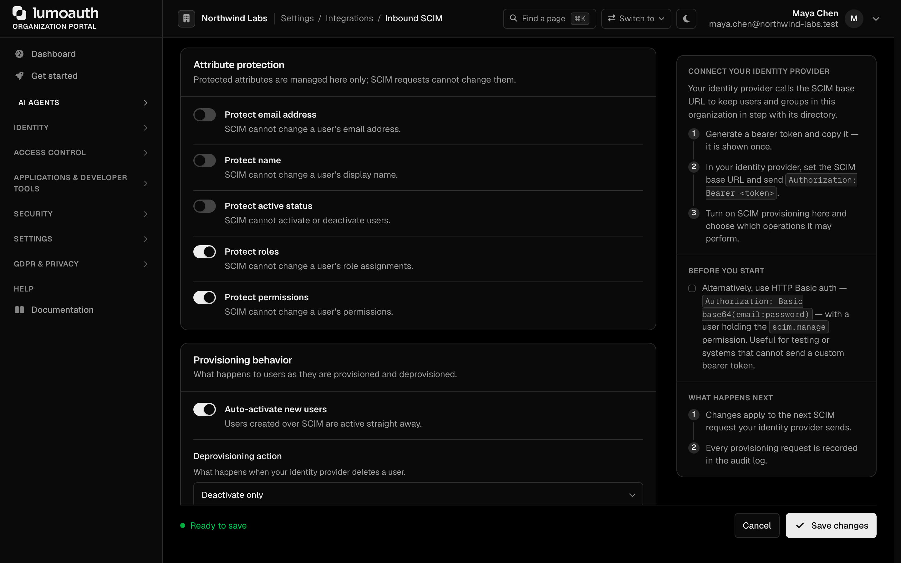 The Attribute protection switches and the Provisioning behavior section on the Inbound SCIM page