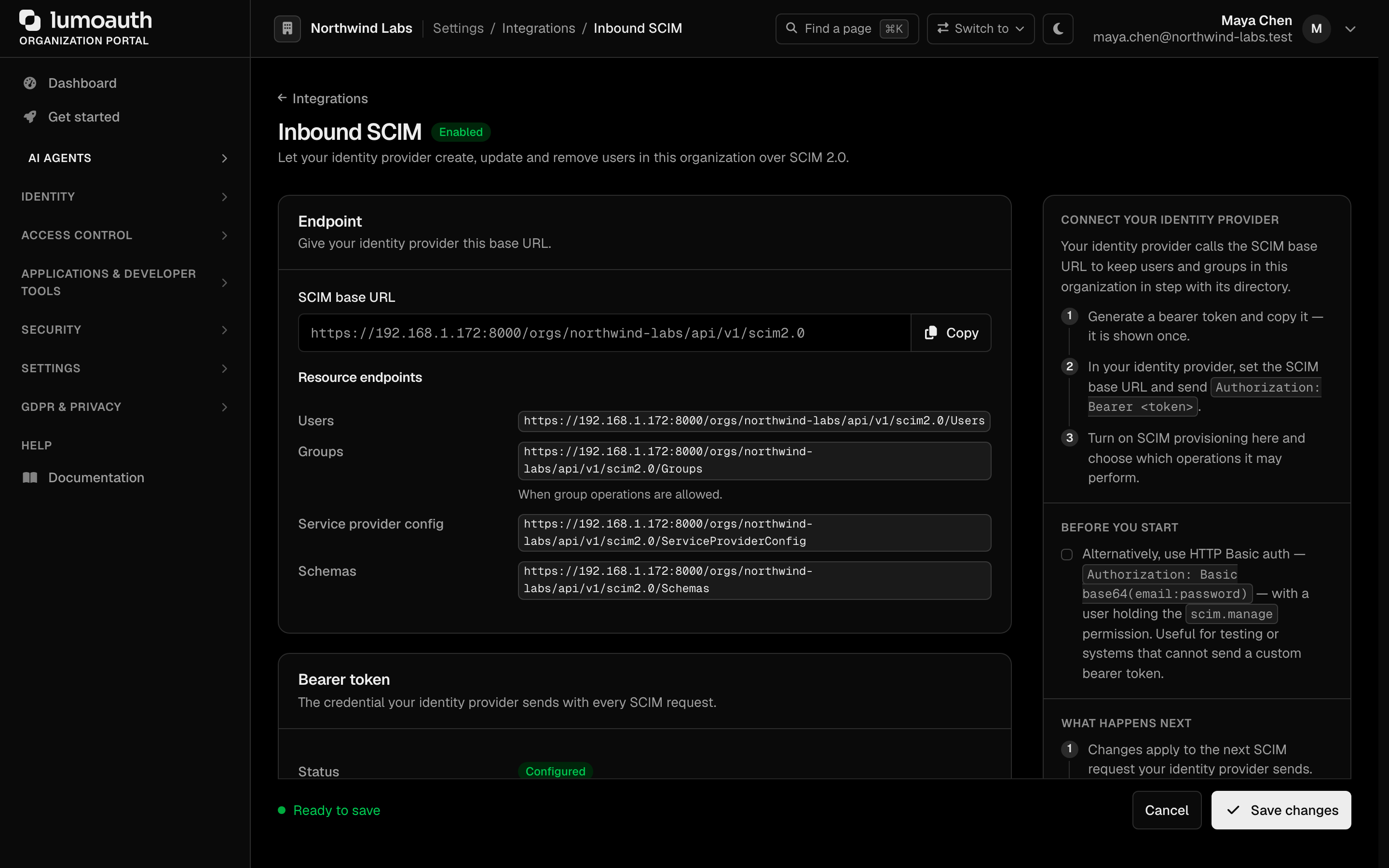 The Endpoint card with the SCIM base URL and resource endpoints