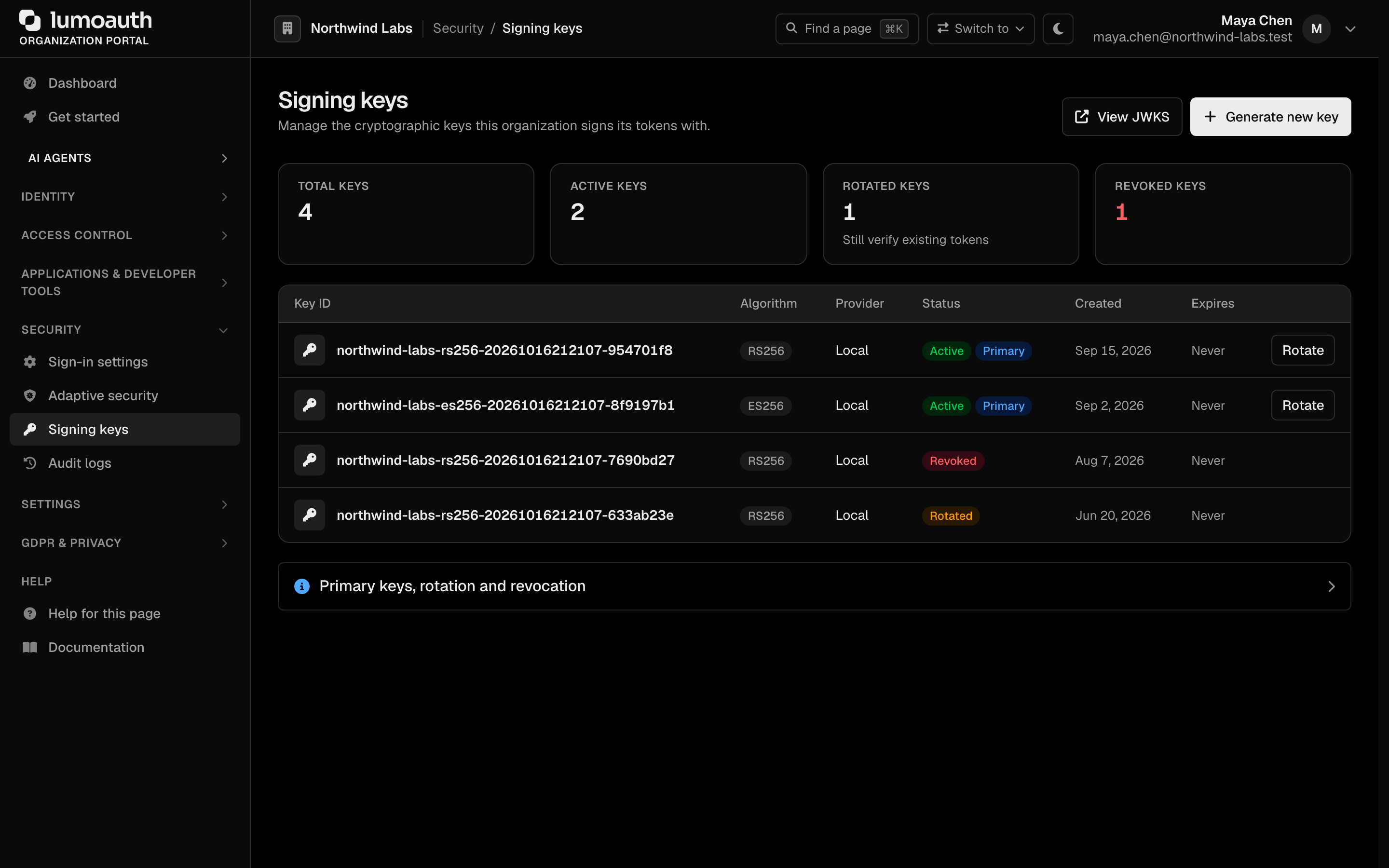 The Signing keys page with key counts, the key list and the Generate new key button