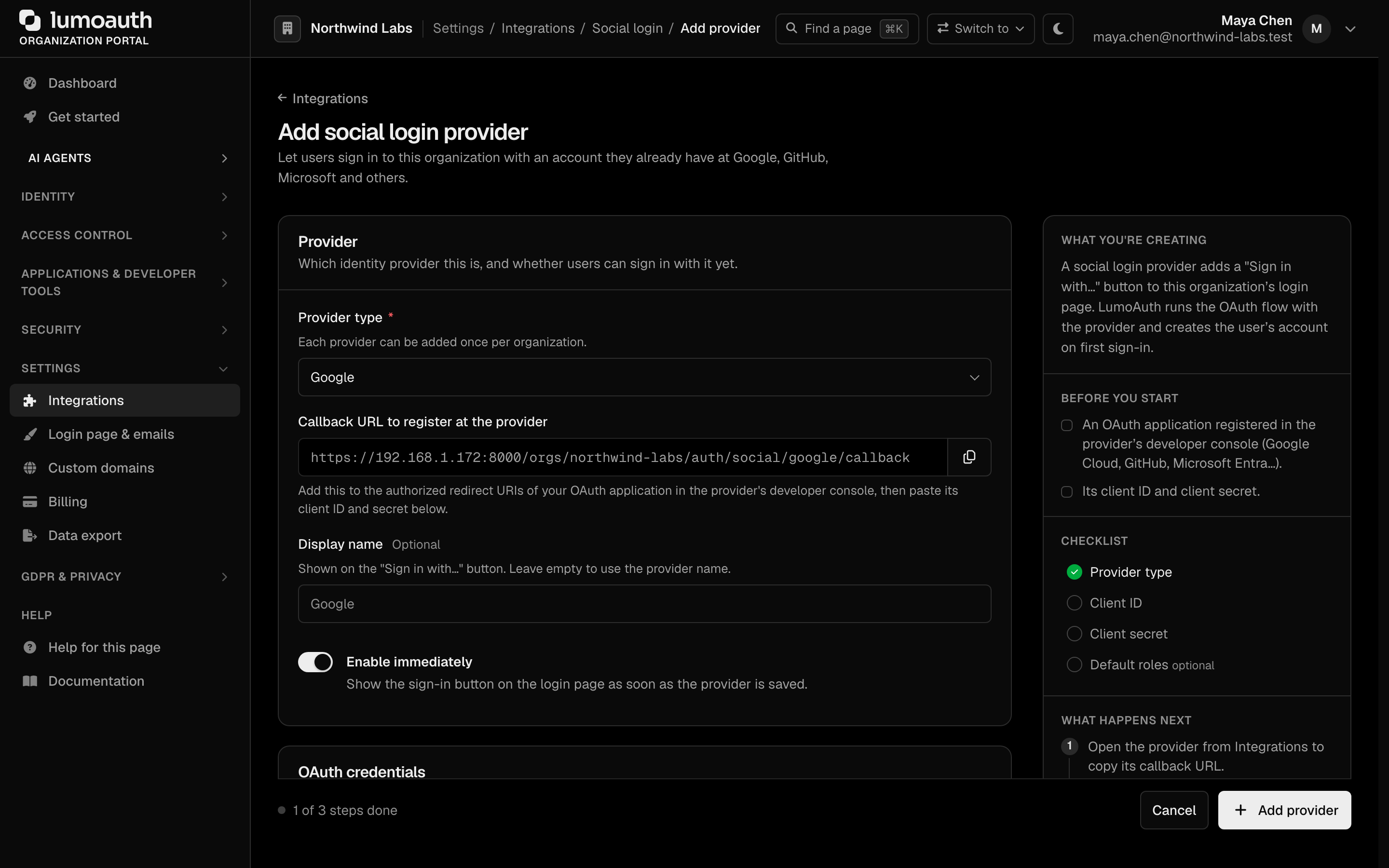 The Add social login provider form with Google selected
