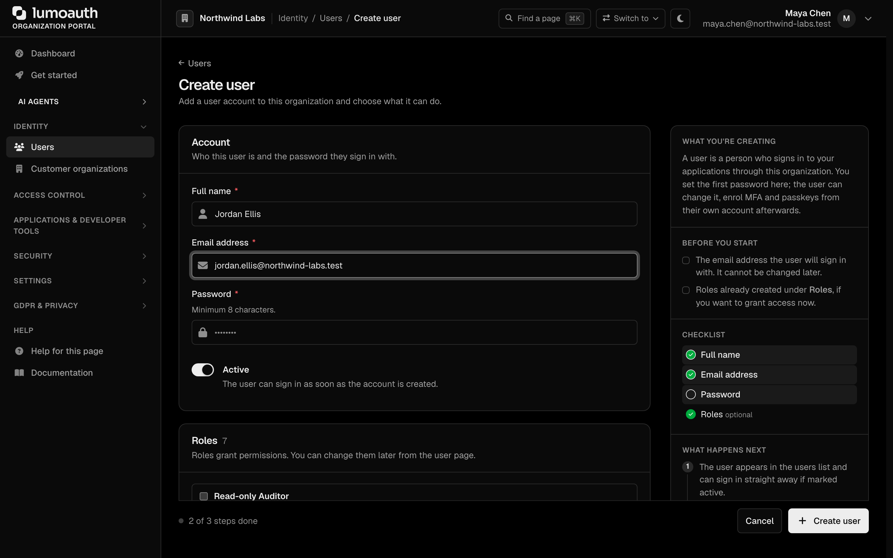 The Create user form with name, email, password and the Active toggle