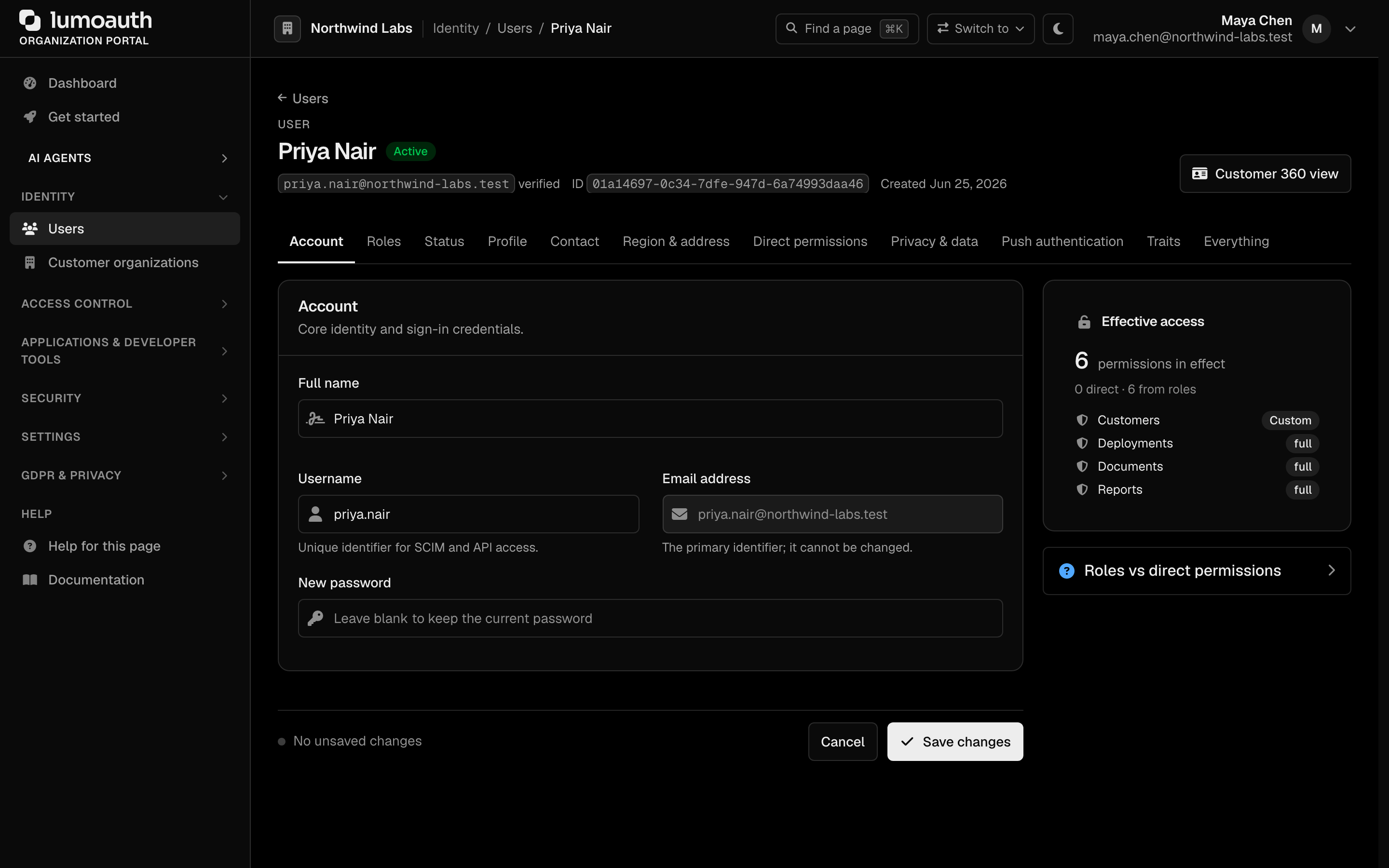 The edit page of a user with the Account section and the Customer 360 view button