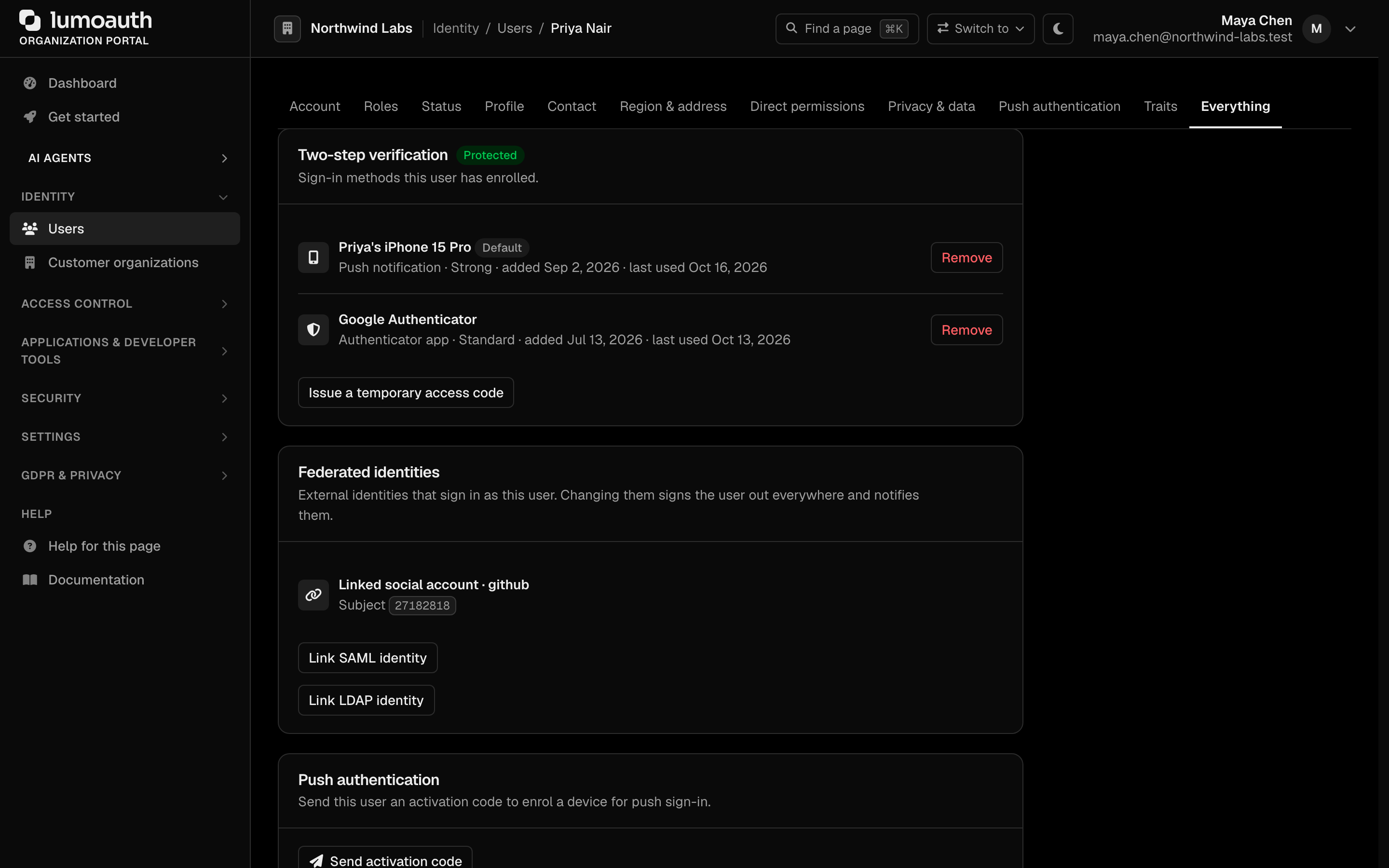 The Two-step verification, Federated identities and Push authentication cards on a user's edit page