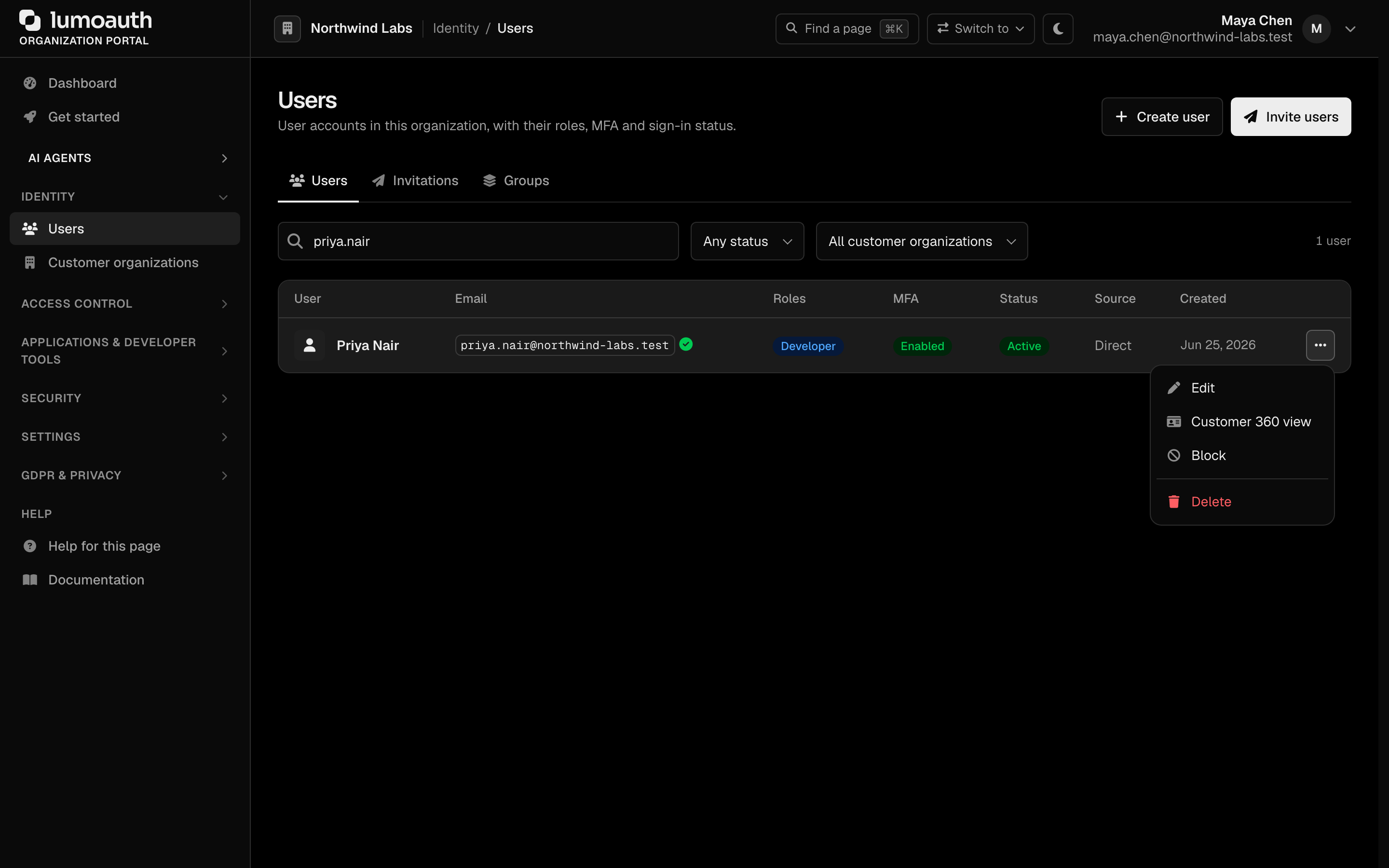 The row menu on the Users page with Edit, Customer 360 view, Block and Delete