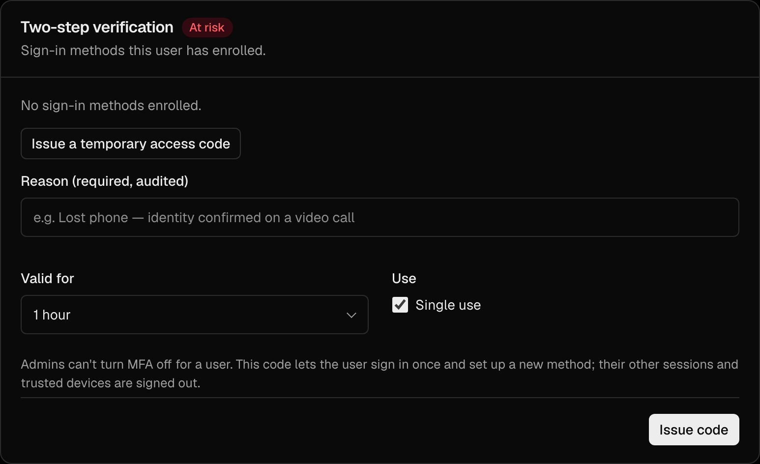 The Two-step verification section of a user's page with the temporary access code form