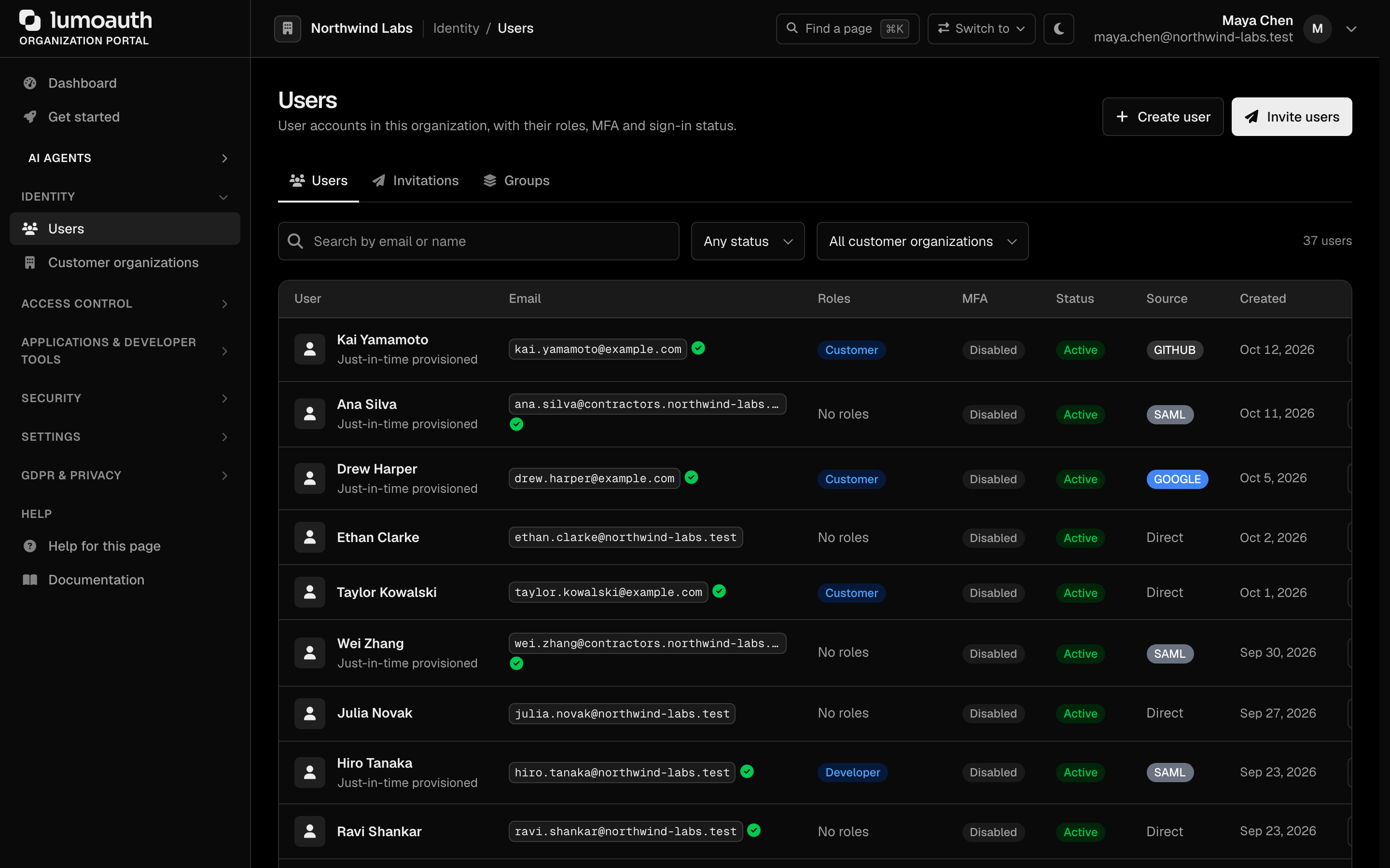 The Users page with the Invitations, Create user and Invite users buttons