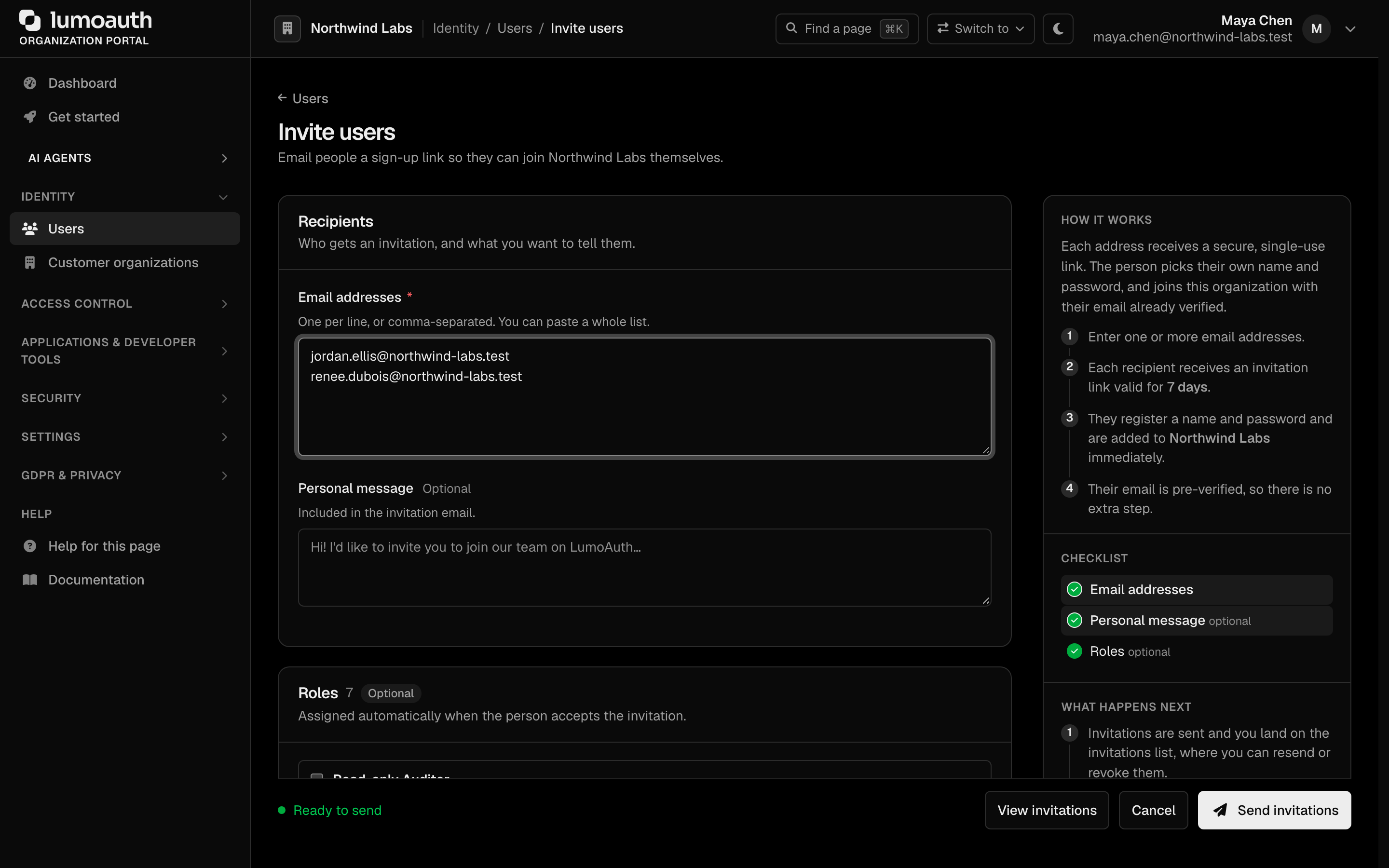 The Invite users form with two email addresses entered