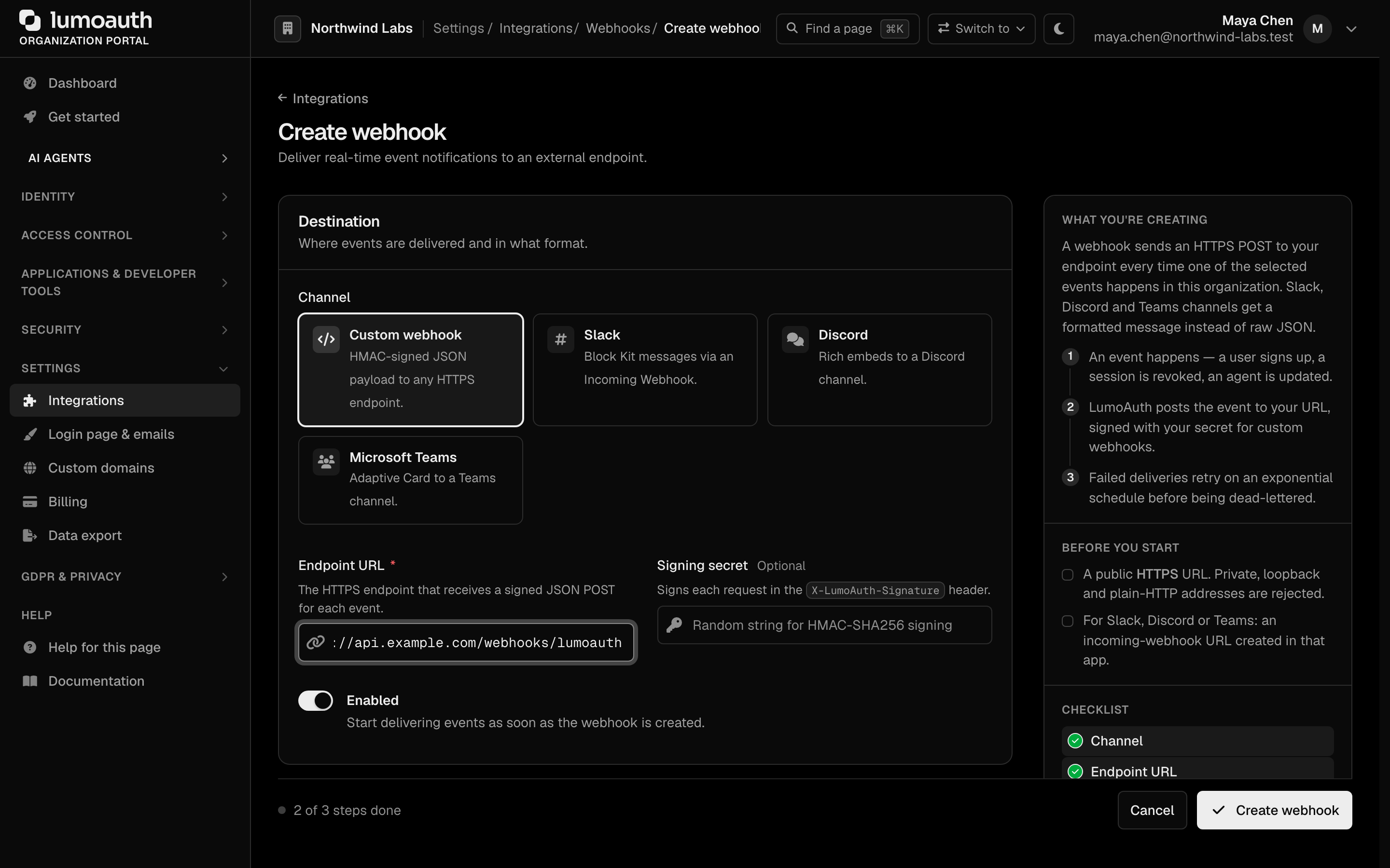 The Create webhook form with the channel, endpoint URL, signing secret and Enabled switch