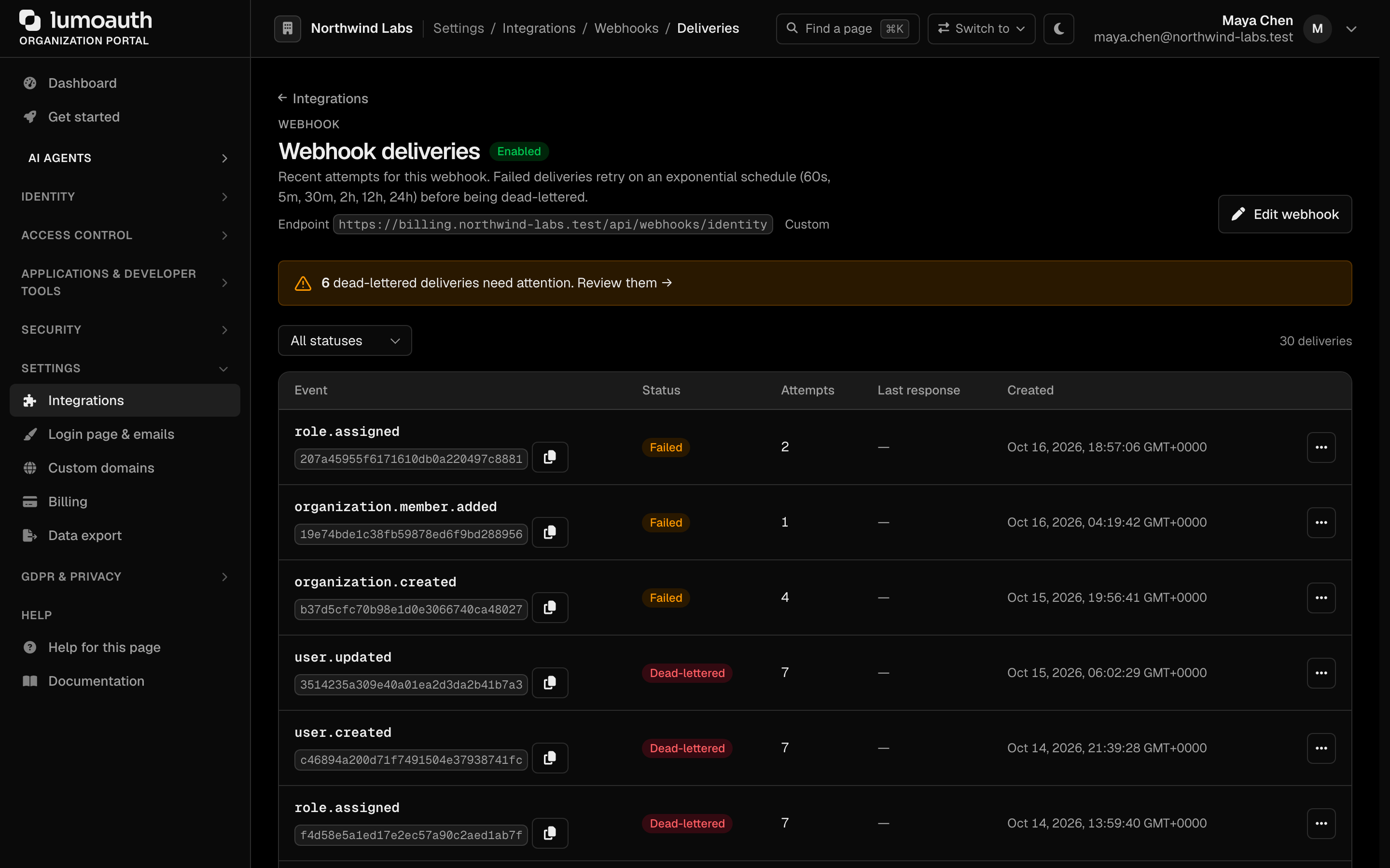 The Webhook deliveries page