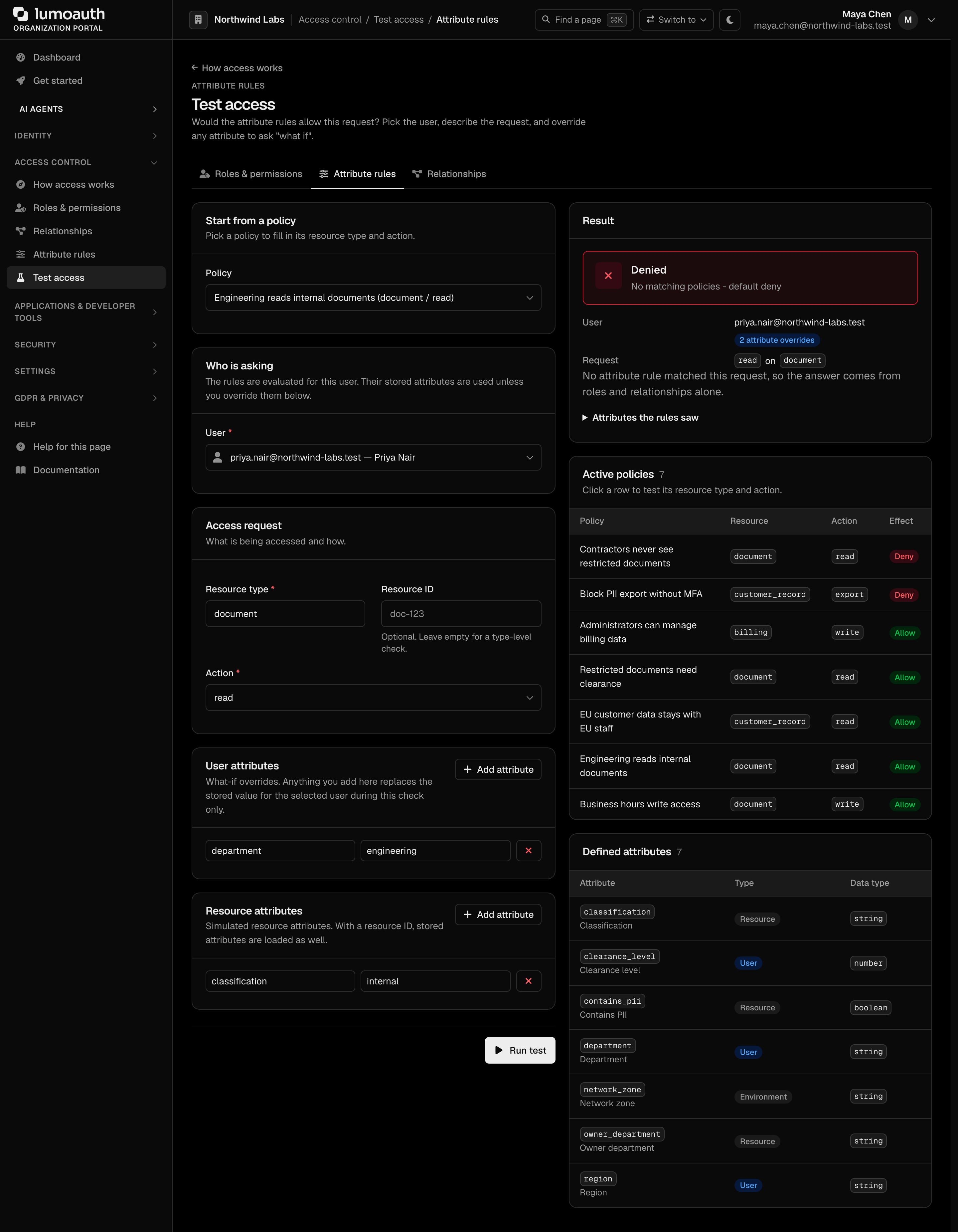 Test access in Attribute rules mode: a request is allowed by the matching policy, with the matched policies, active policies and defined attributes listed beside the form