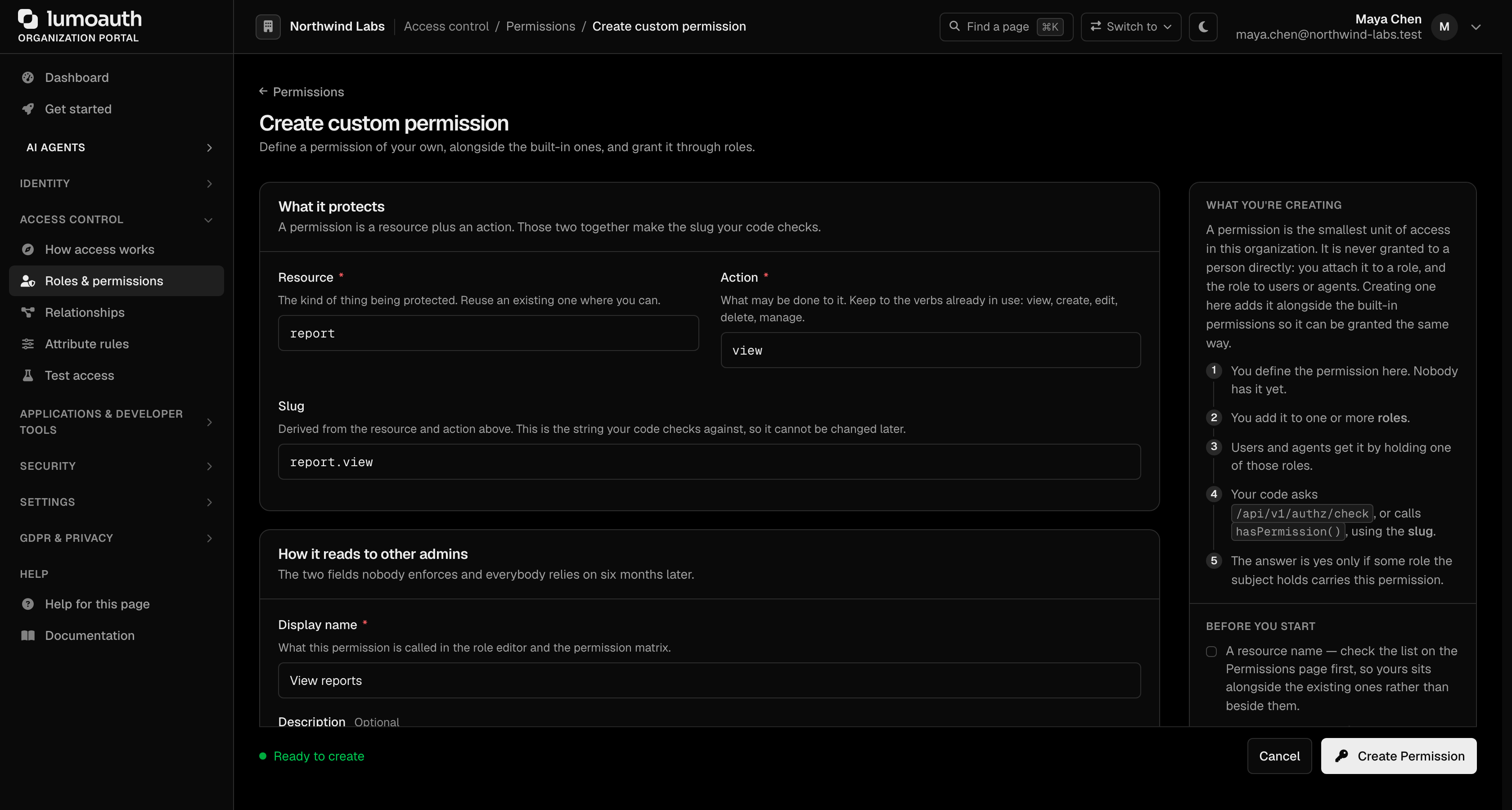 The Create custom permission form with resource, action and the derived slug