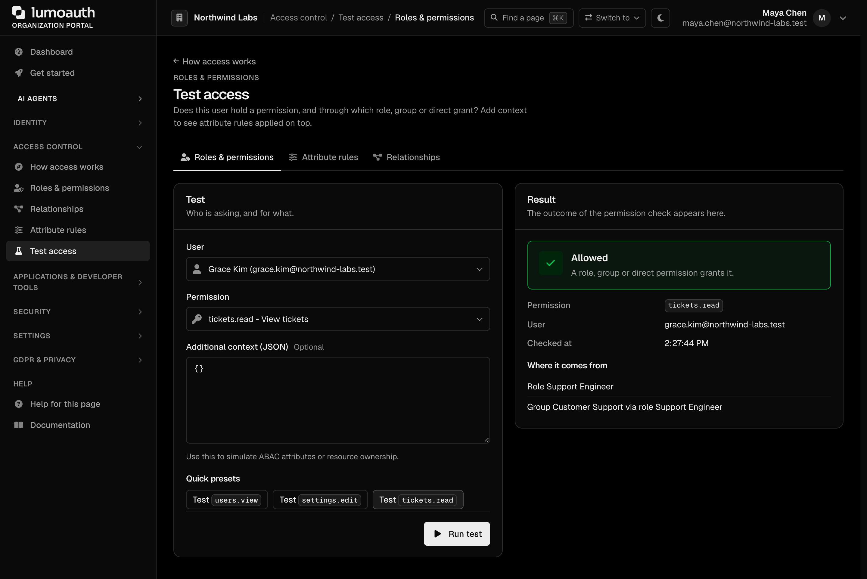 Test access with its Roles & permissions, Attribute rules and Relationships modes