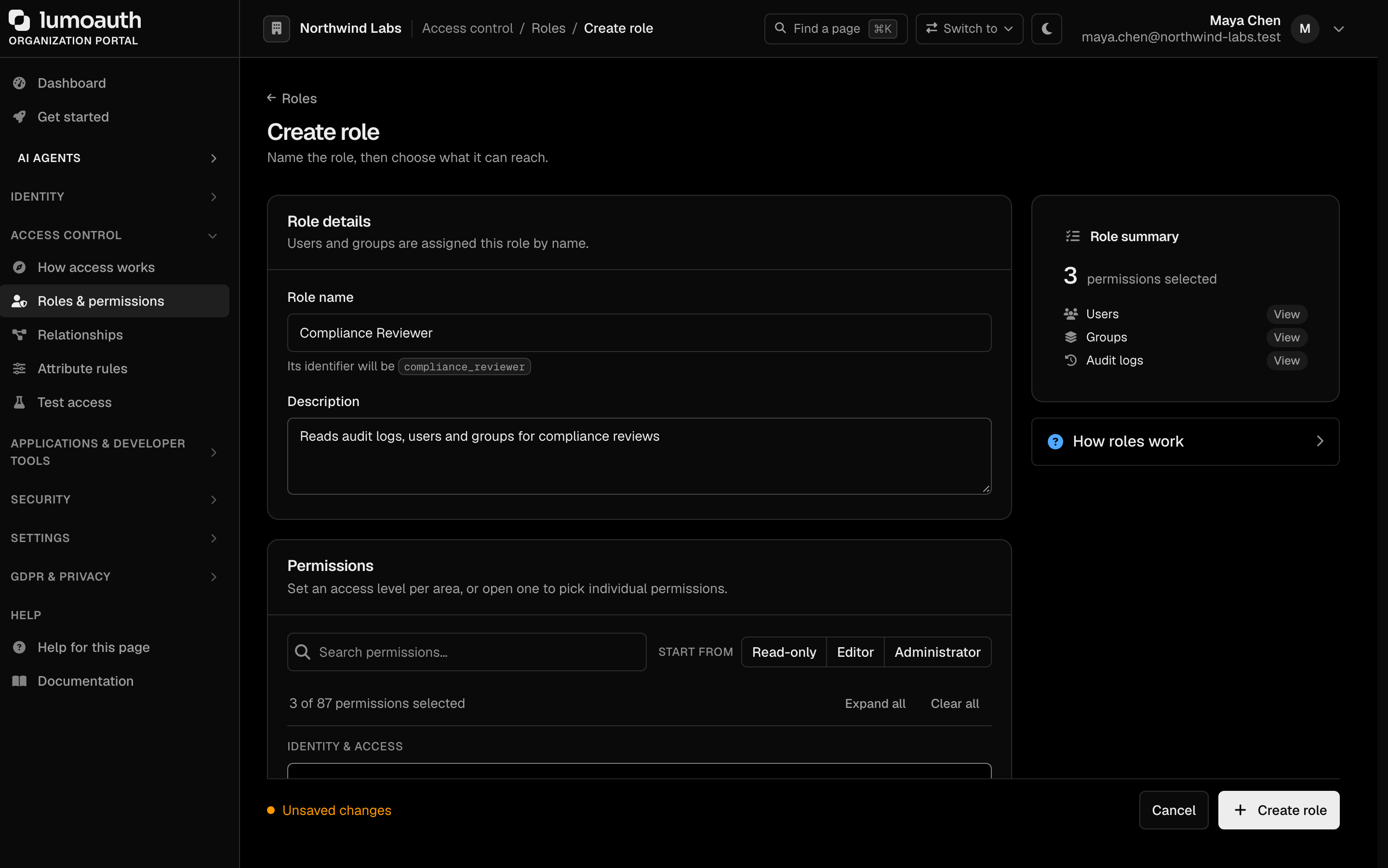 The Create role form with the role name, description, role summary and permission areas