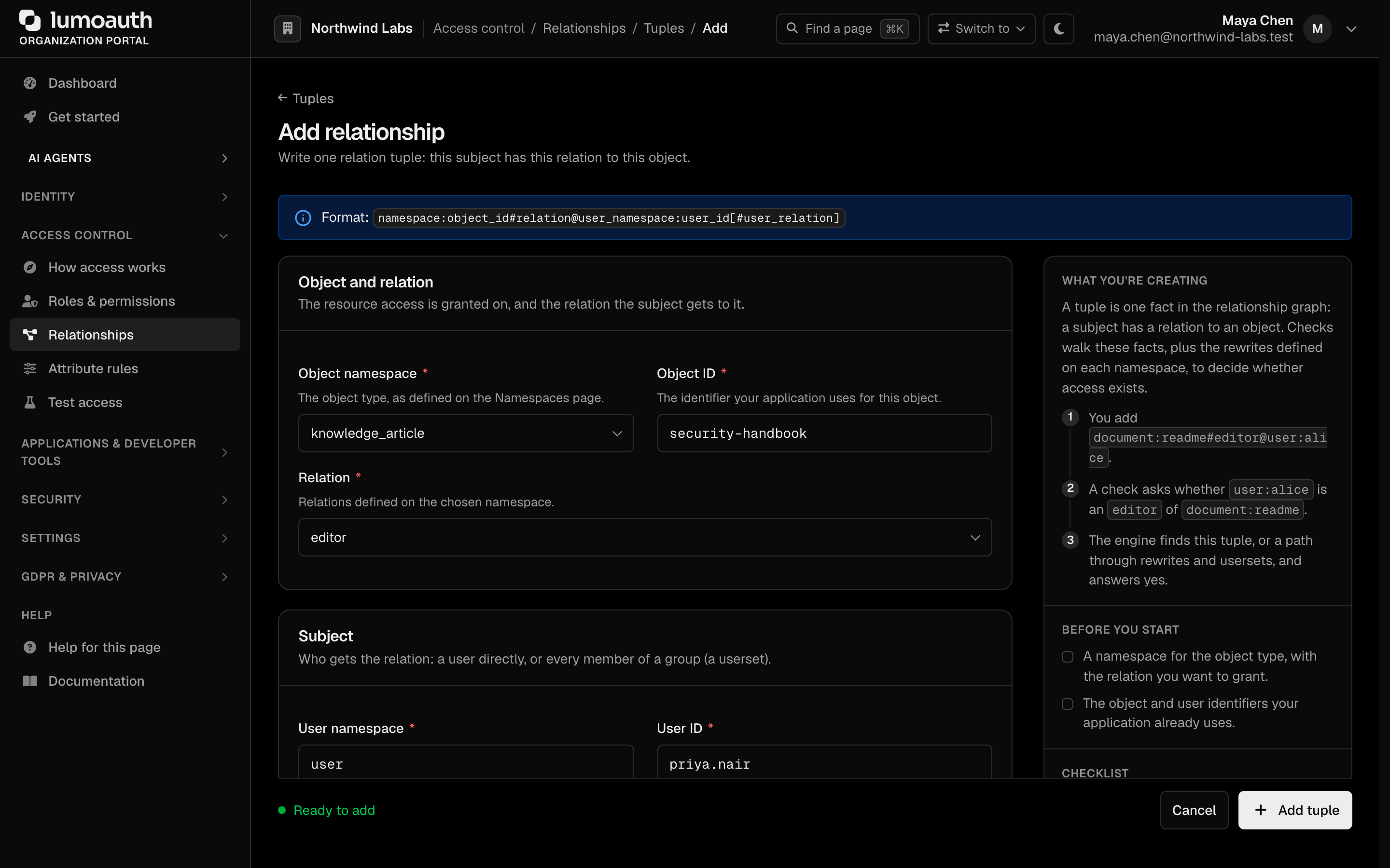 The Add relationship form with object namespace, object ID, relation and subject filled in