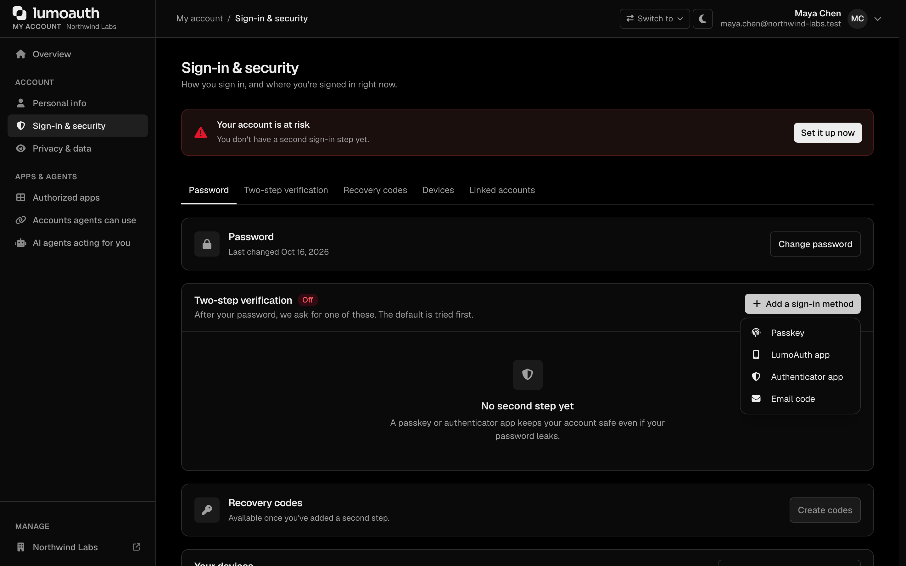 The Sign-in & security page of the end-user account with the Add a sign-in method menu open