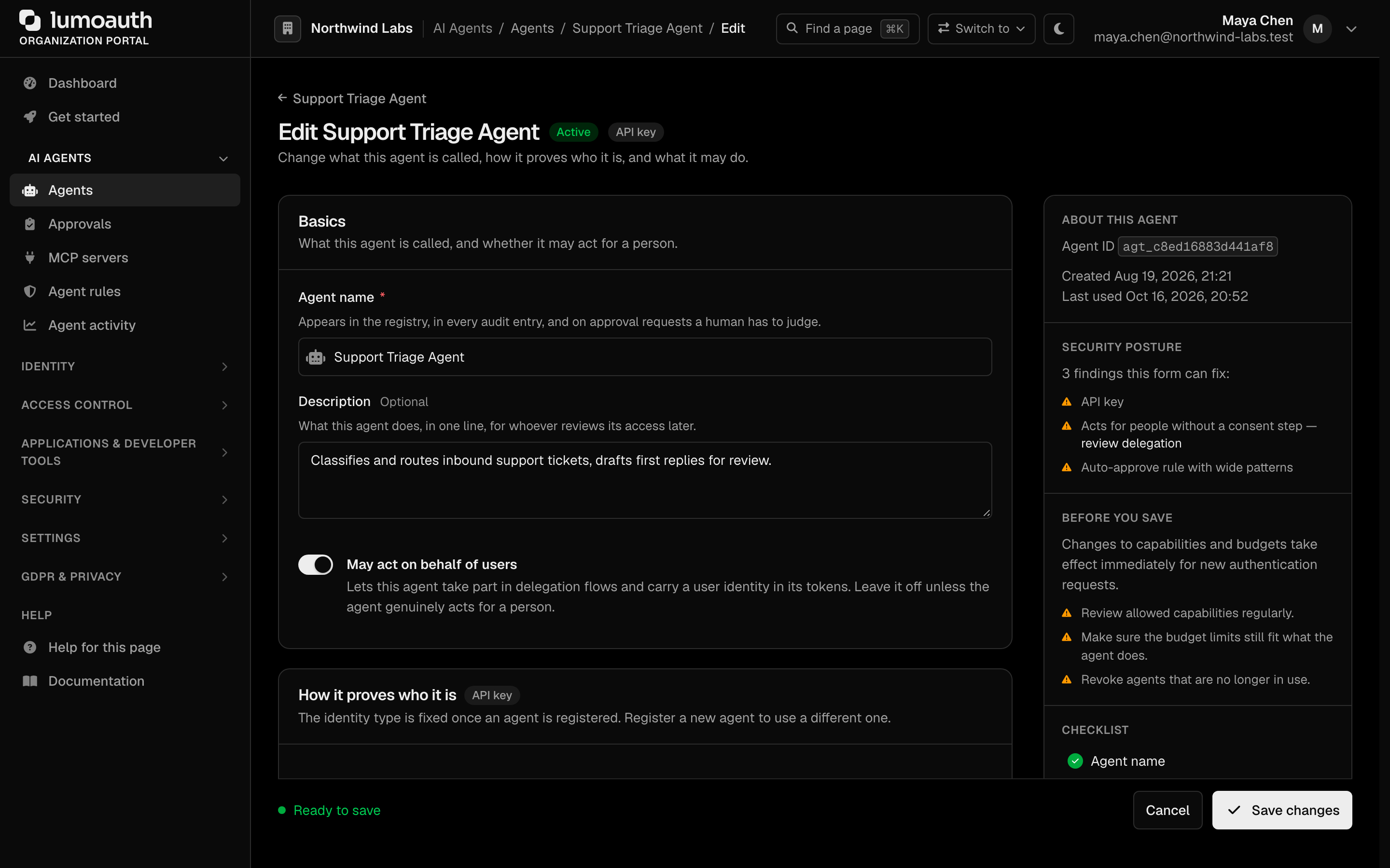 The agent edit page with the May act on behalf of users switch