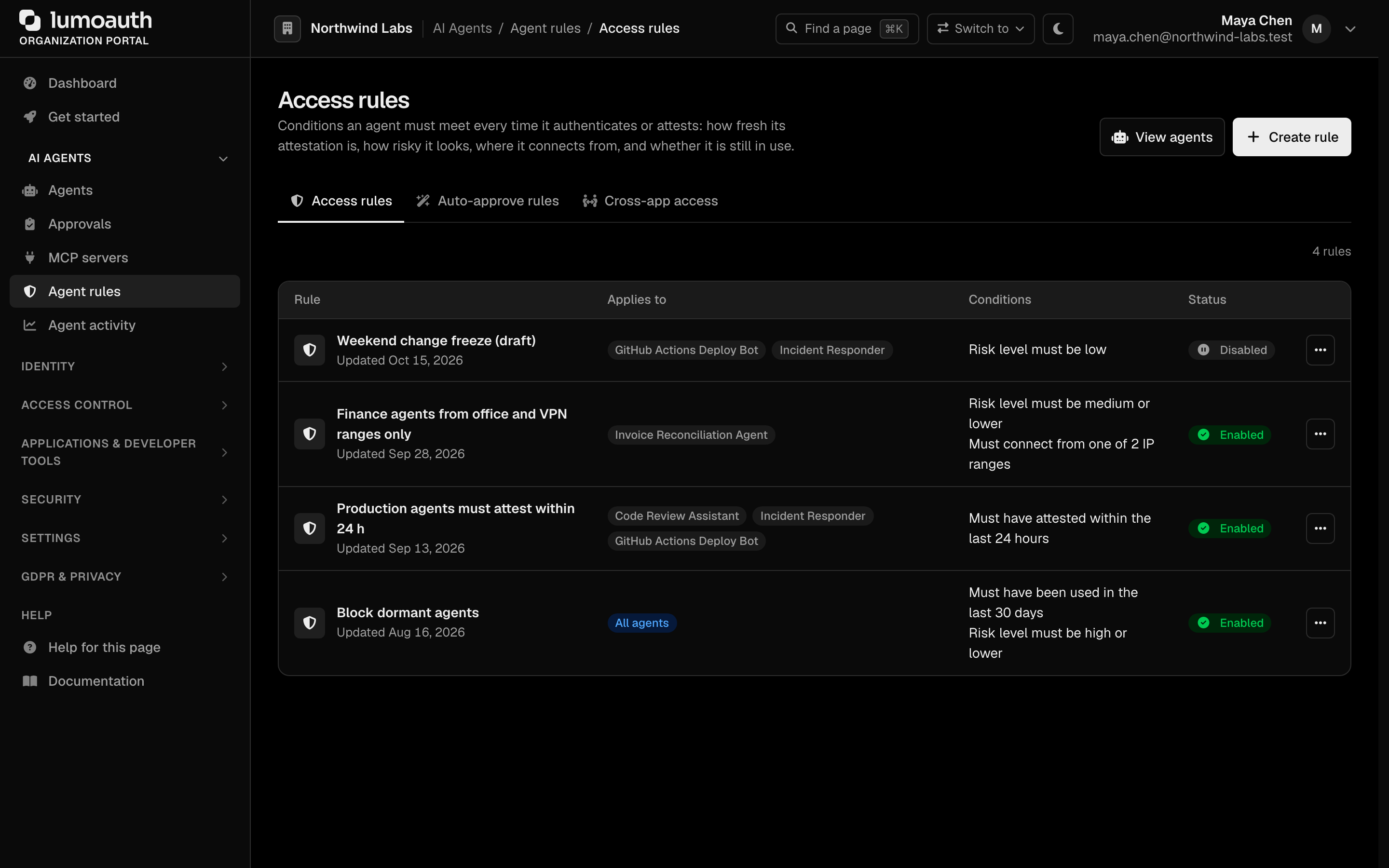 The Agent access rules page with the Create rule button