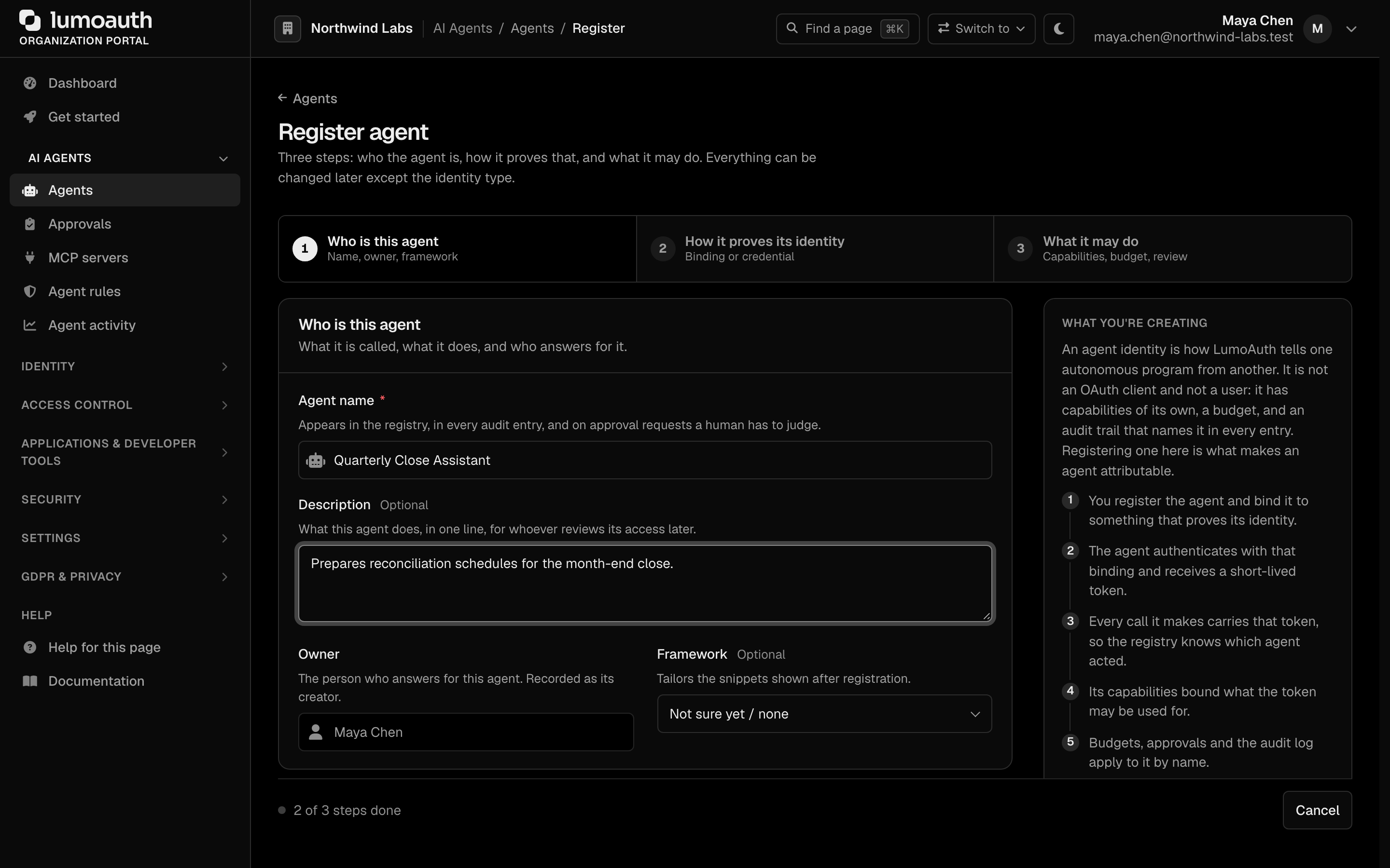 The Register agent wizard on step 1, Who is this agent, with the three-step progress bar