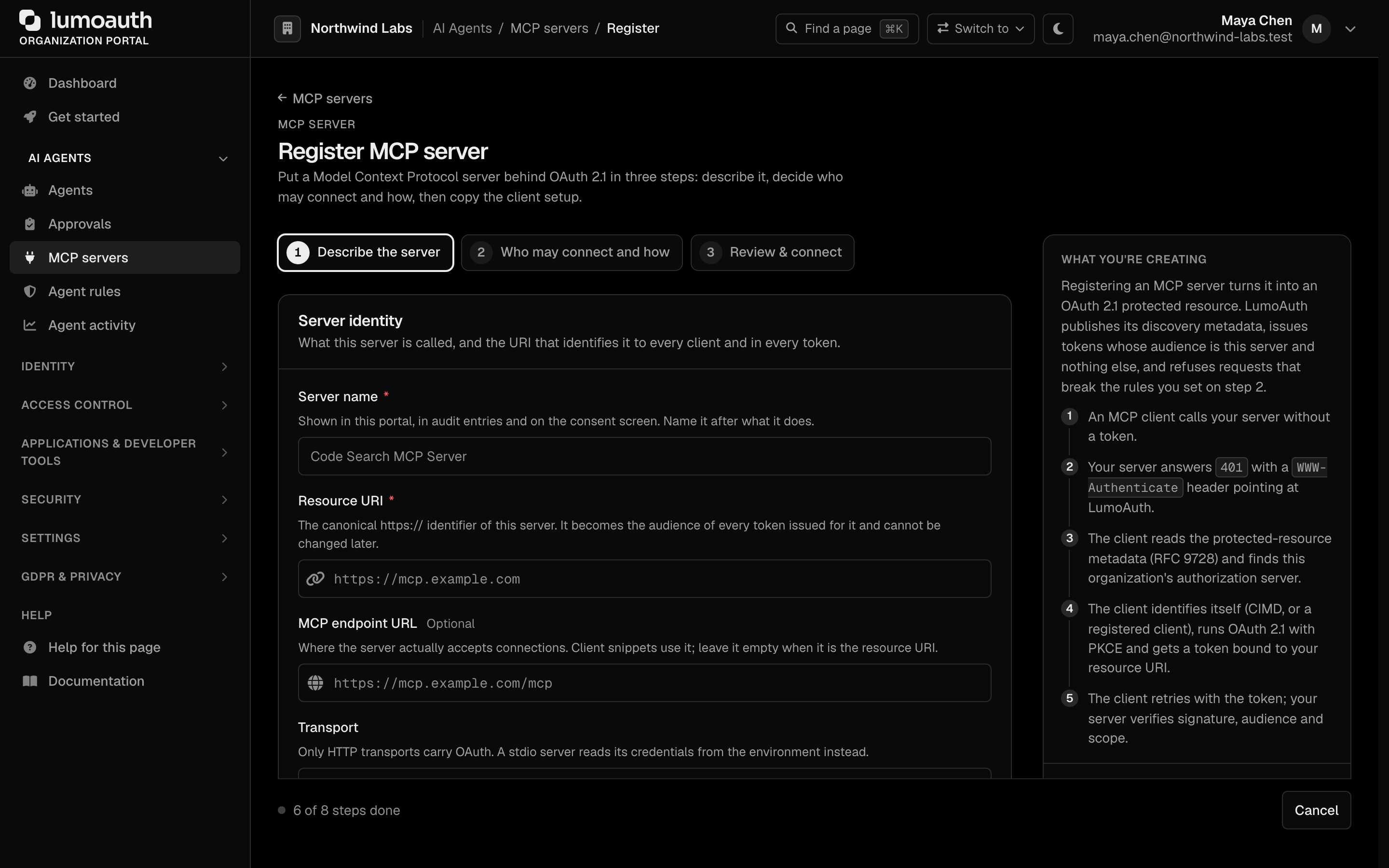 The Register MCP server form