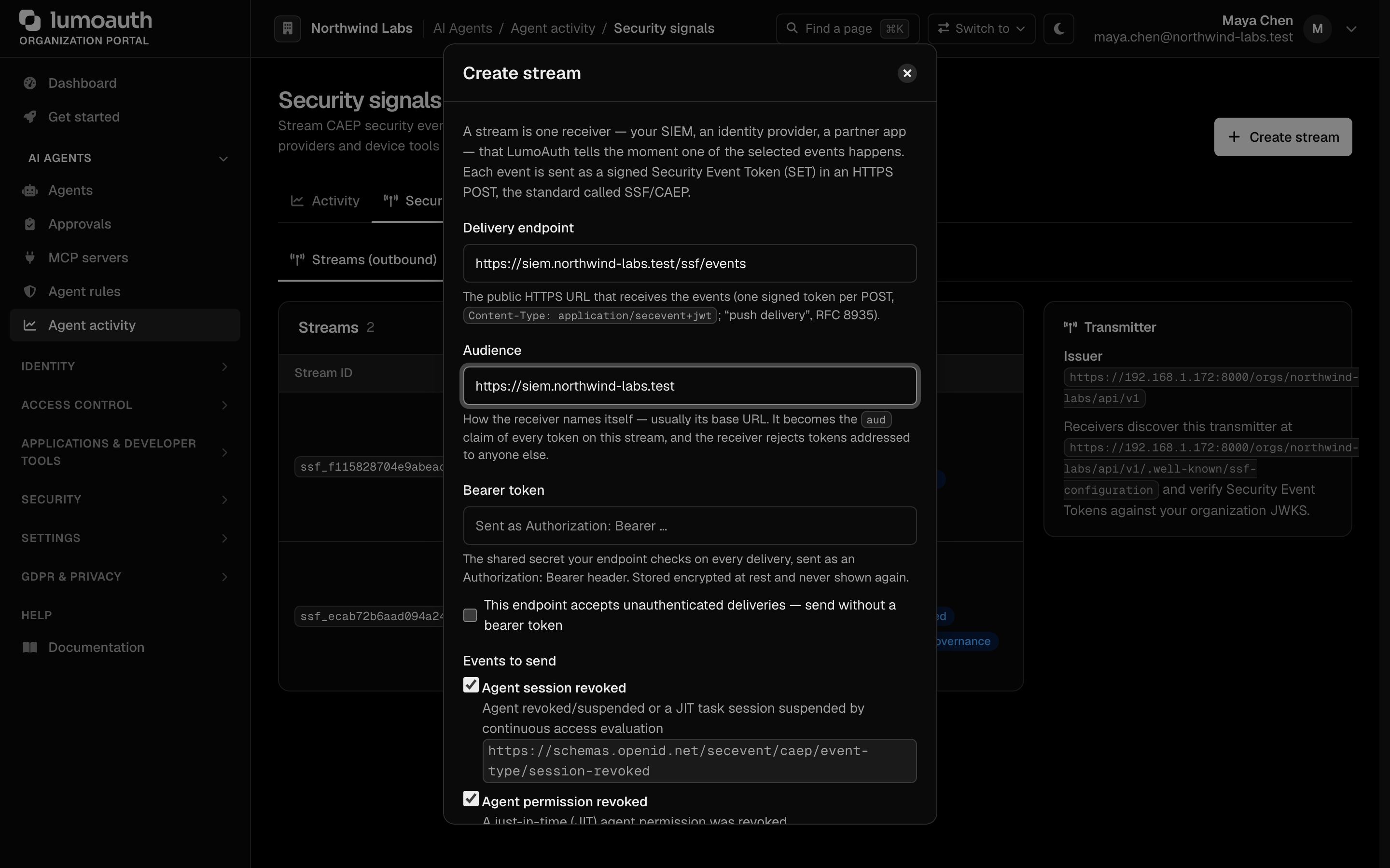 The Create stream dialog: delivery endpoint, audience, bearer token and labelled event types