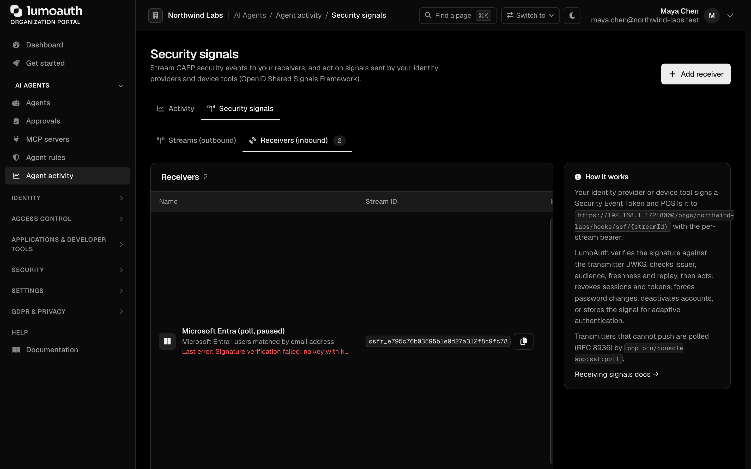 The Receivers (inbound) tab of the Security signals page with the Add receiver button