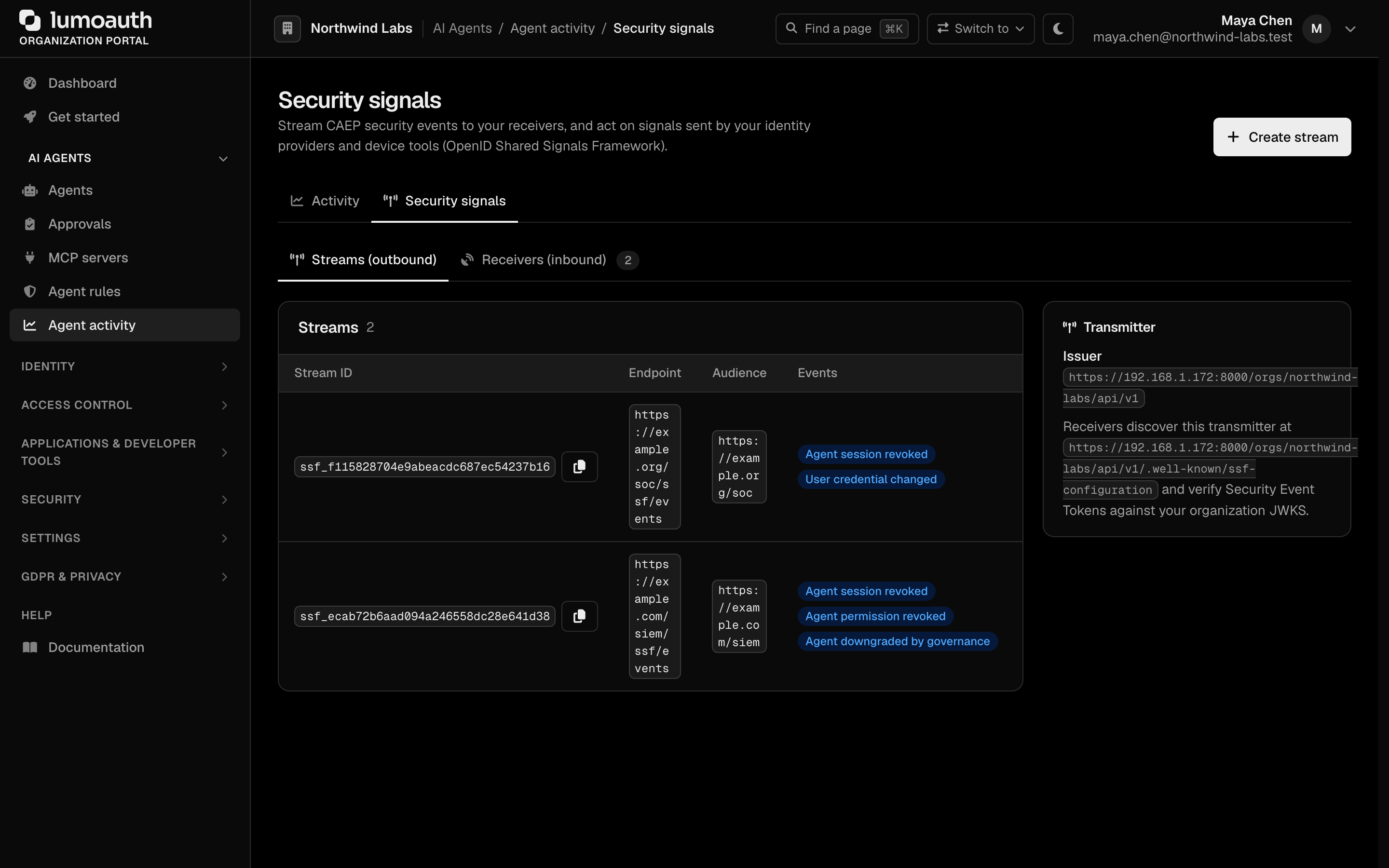 The Security signals page on the Streams (outbound) tab, with the Create stream button and the transmitter issuer