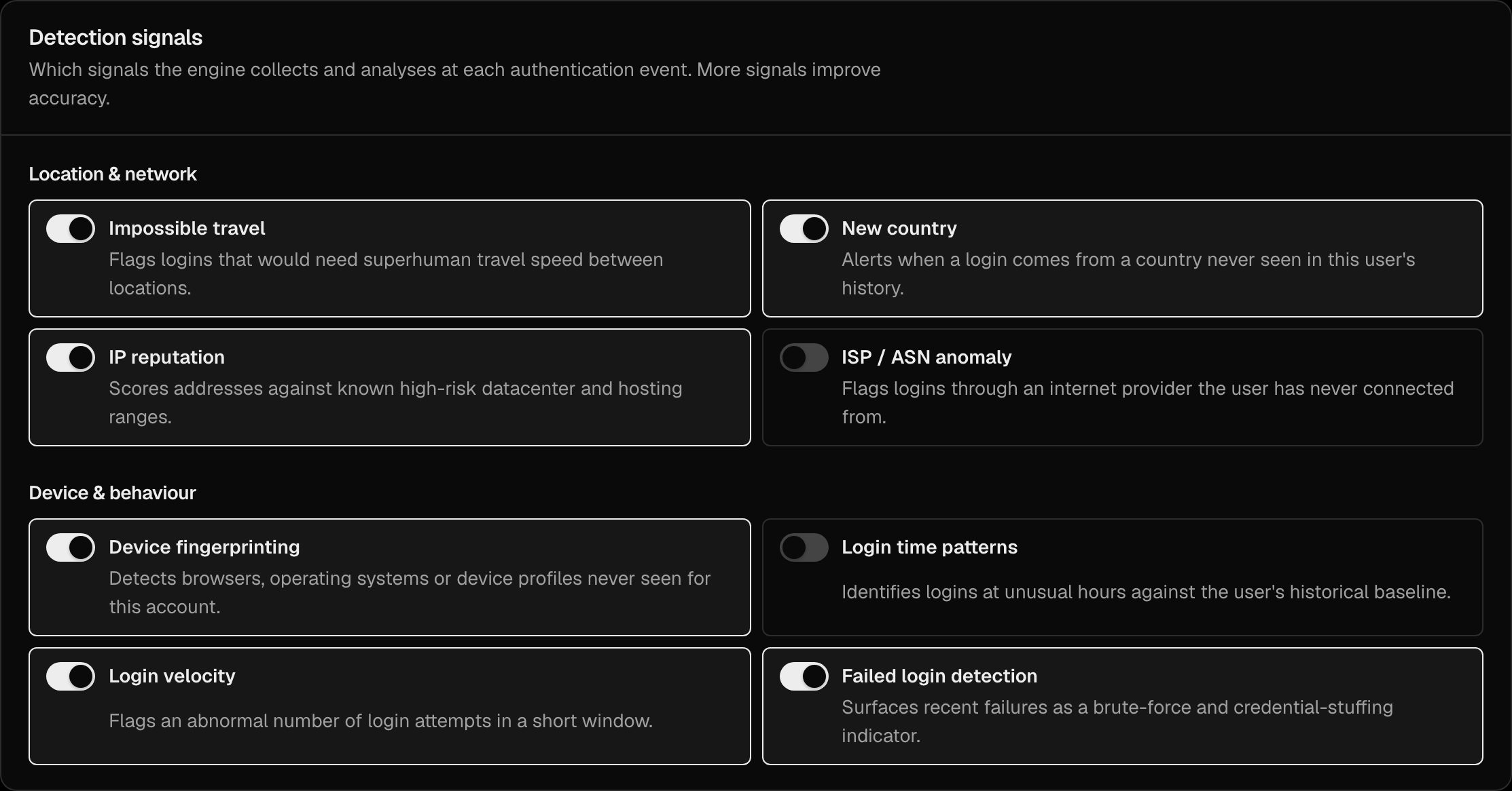 The Detection signals section with one switch per signal