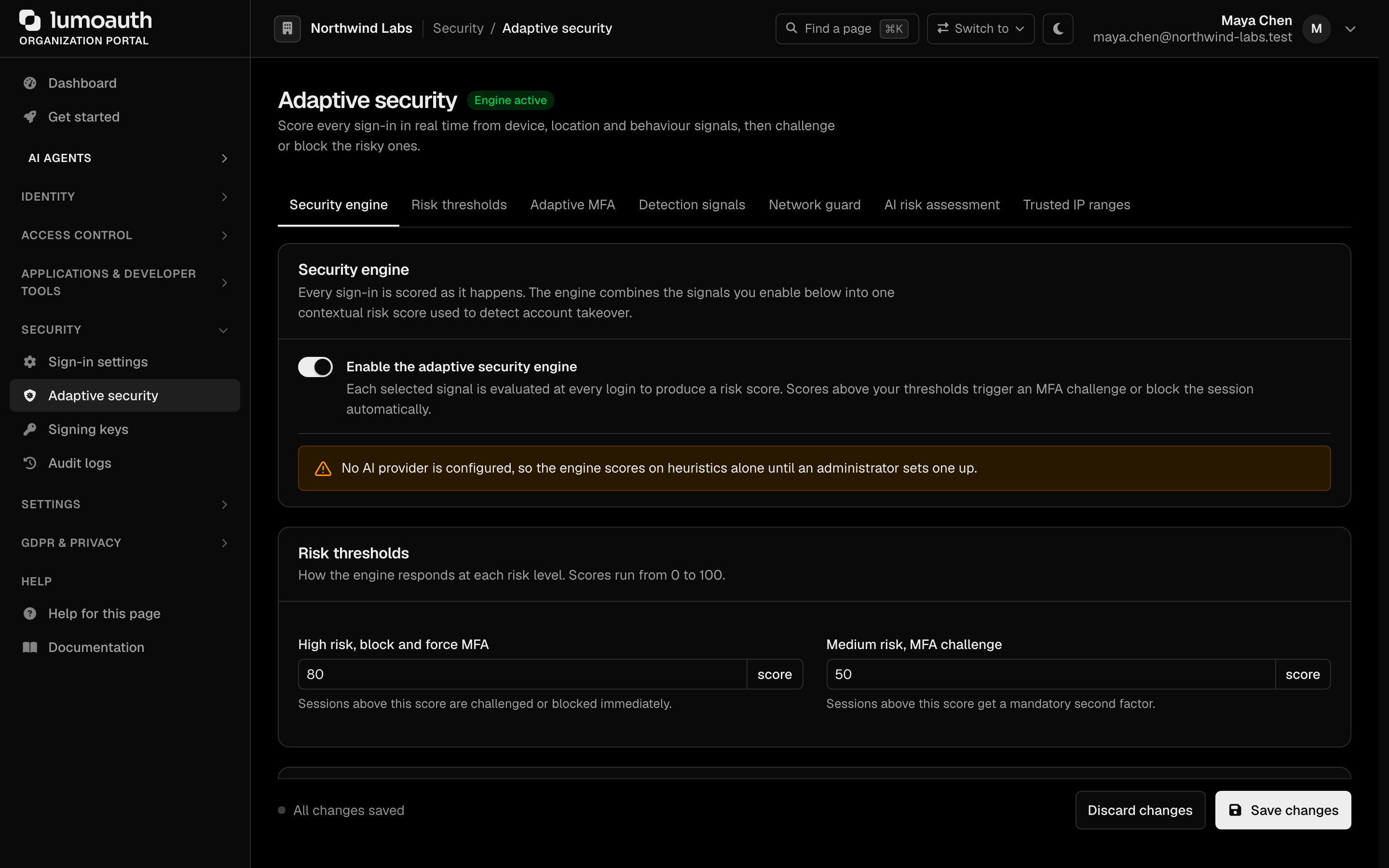 The Adaptive security page with the Security engine switch and the risk thresholds