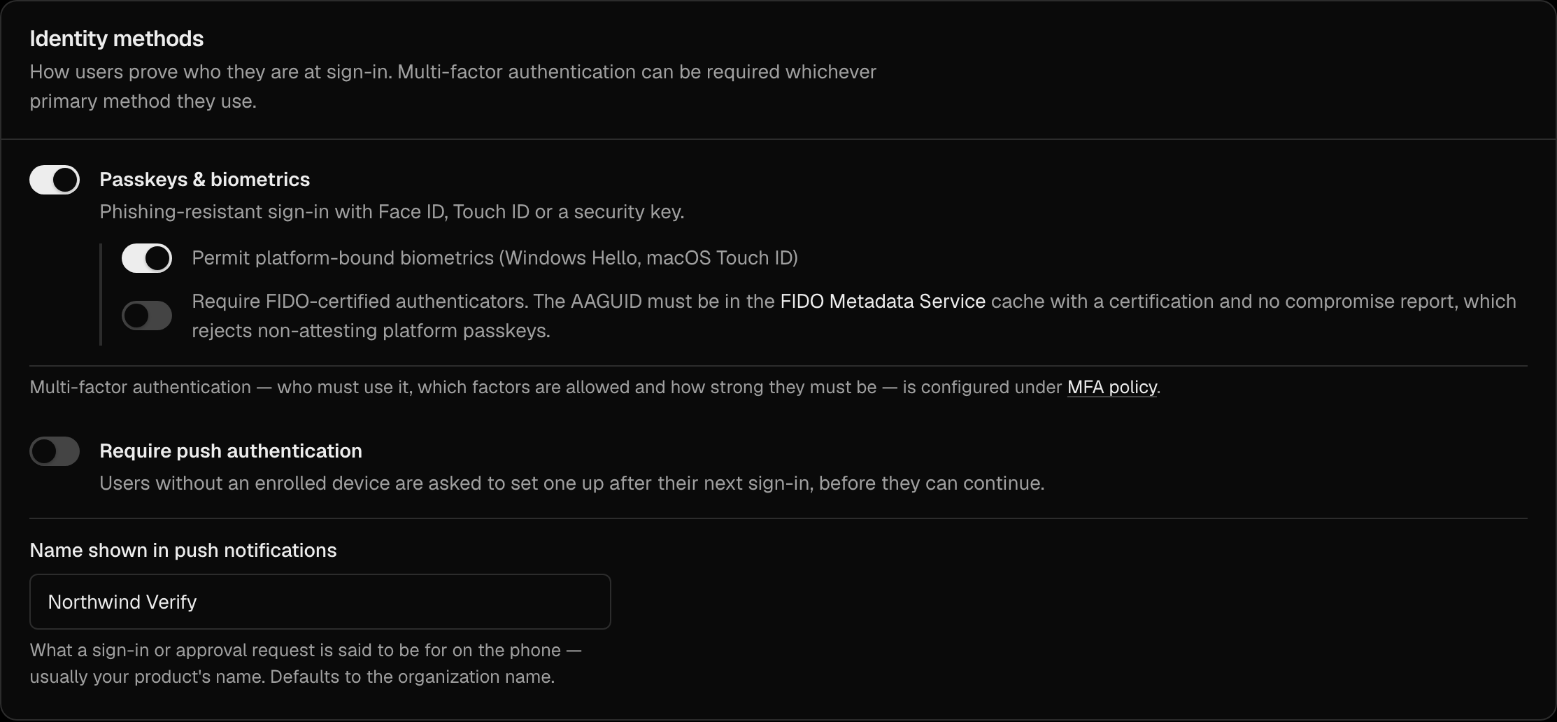 The Identity methods section with the Passkeys & biometrics switch and its sub-options