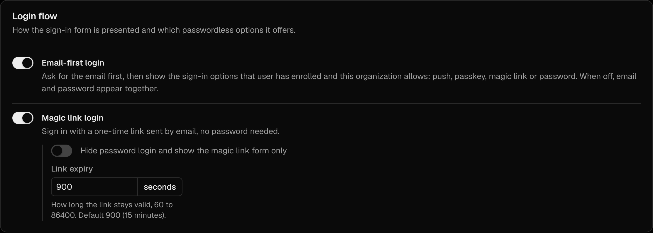 The Login flow section with the Email-first login and Magic link login switches