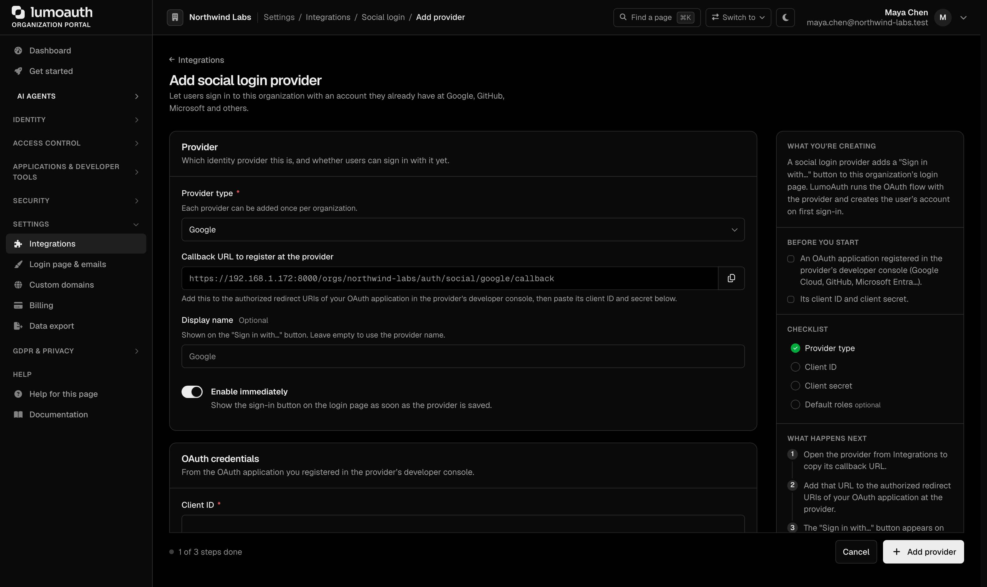 The Add social login provider form with Google selected and its callback URL