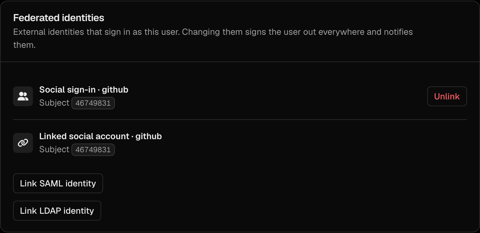The Federated identities section of a user's page