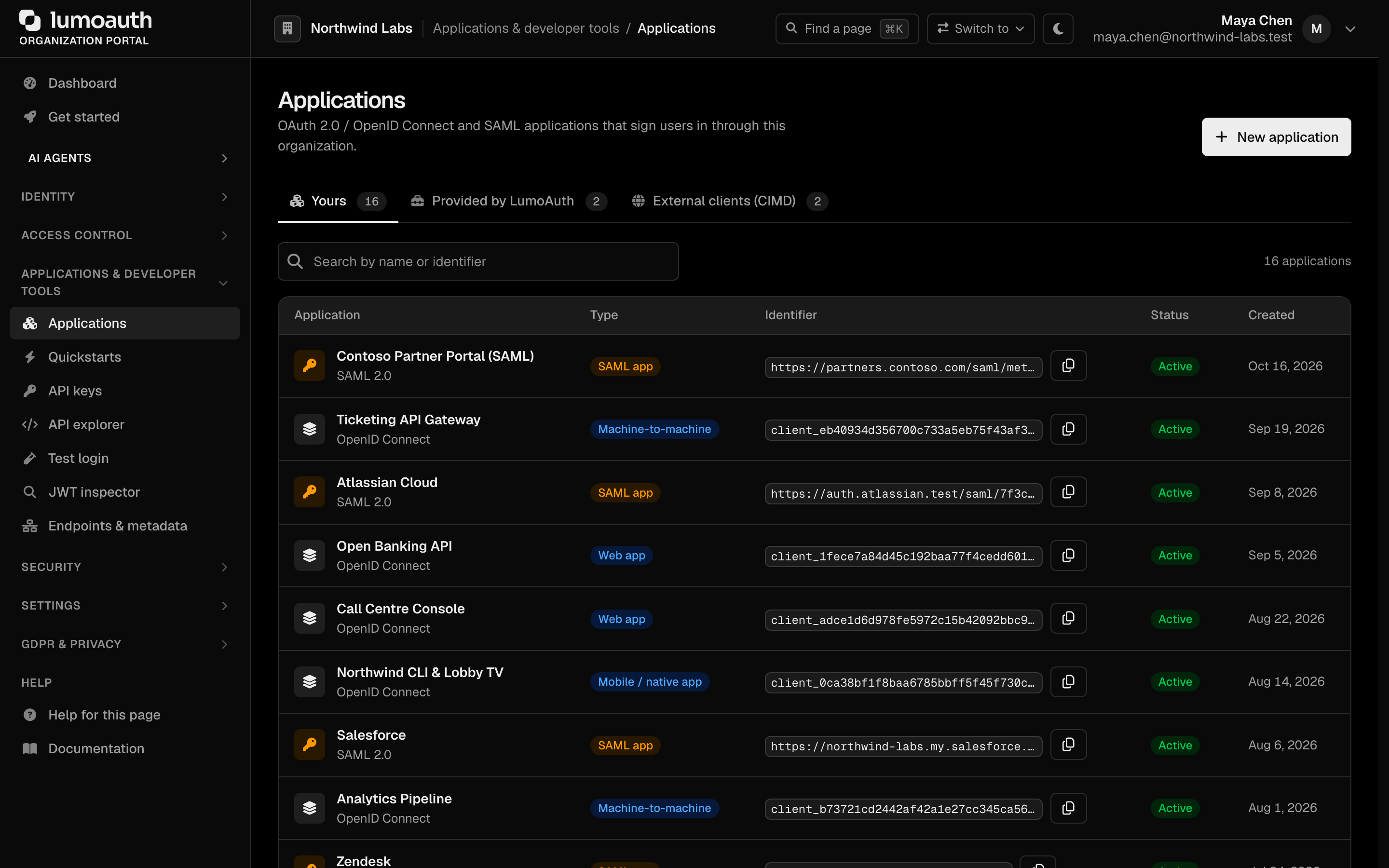 The Applications page with the Yours and Provided by LumoAuth tabs and the New application button