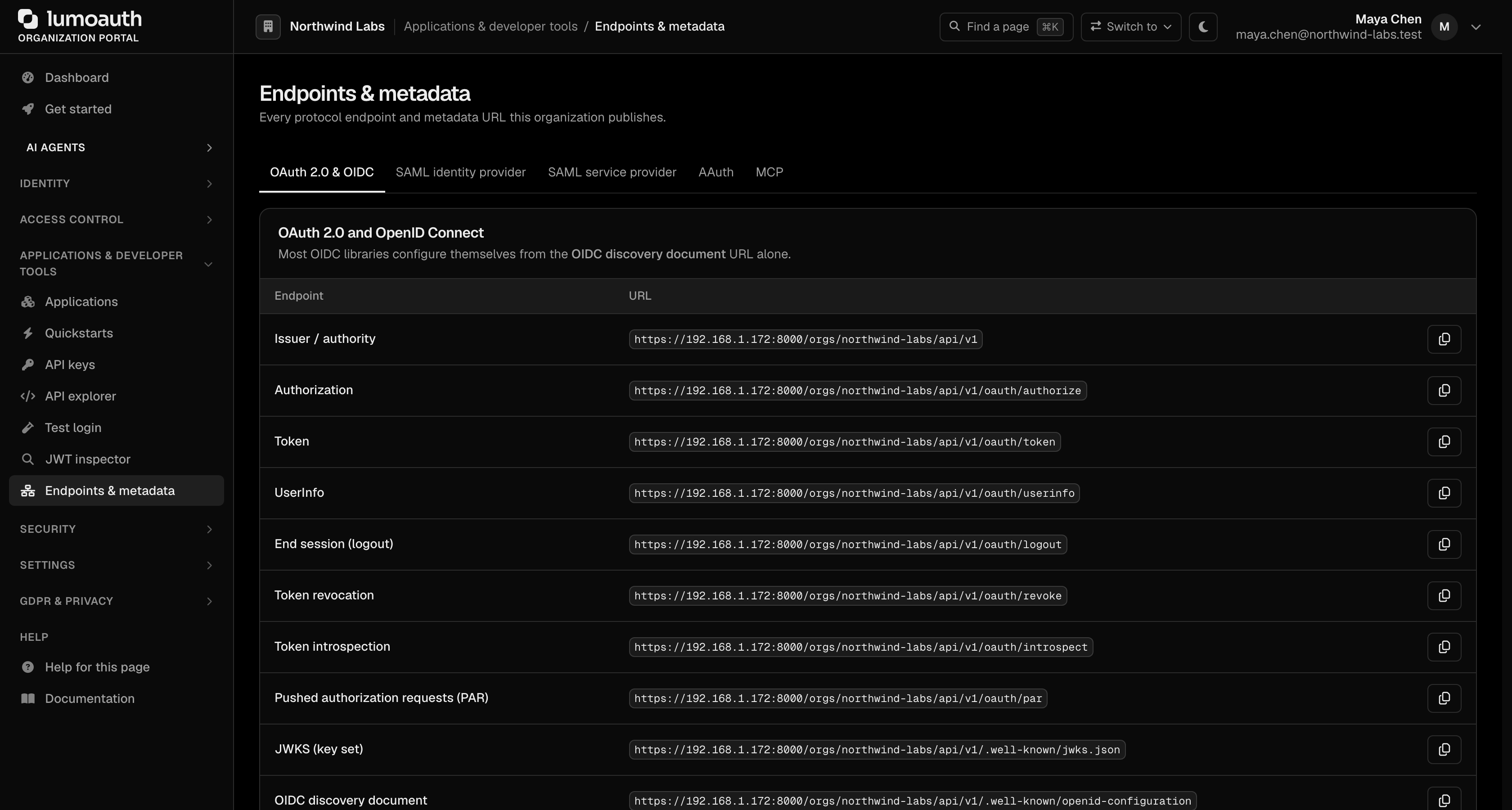 Endpoints & metadata with the OAuth 2.0 and OIDC endpoint URLs