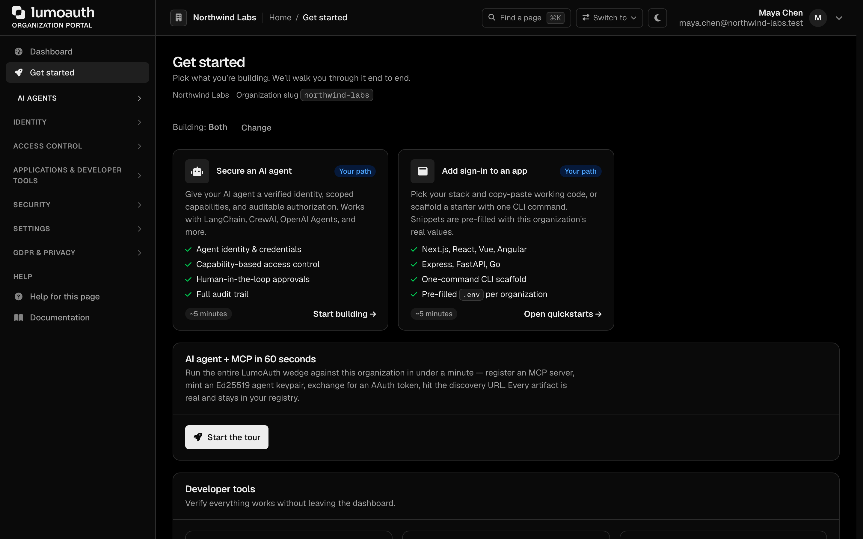 The Get started page: What are you building?, the Secure an AI agent and Add sign-in to an app paths, and the 60-second MCP tour