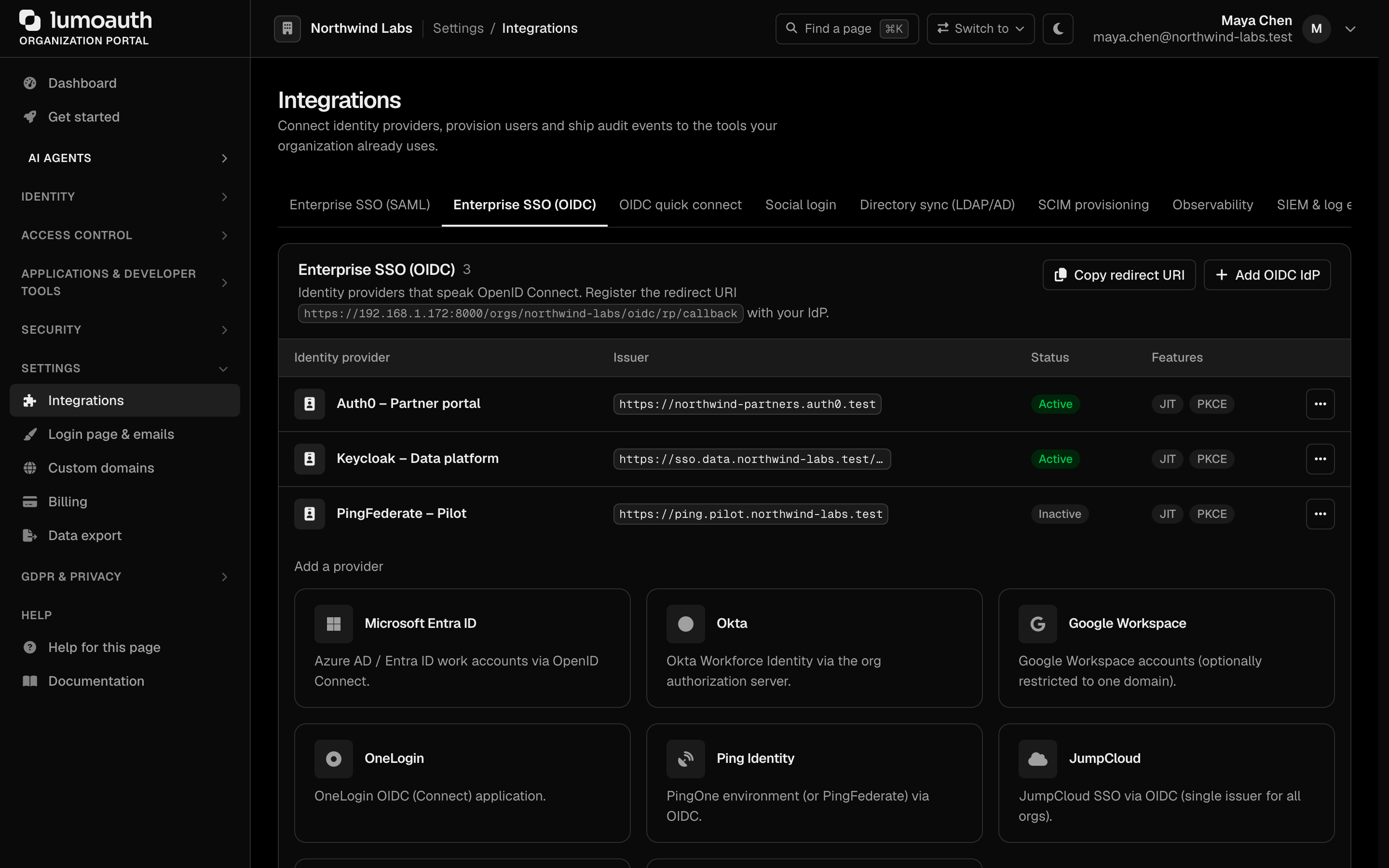 The Enterprise SSO (OIDC) tab of the Integrations page with the vendor preset tiles