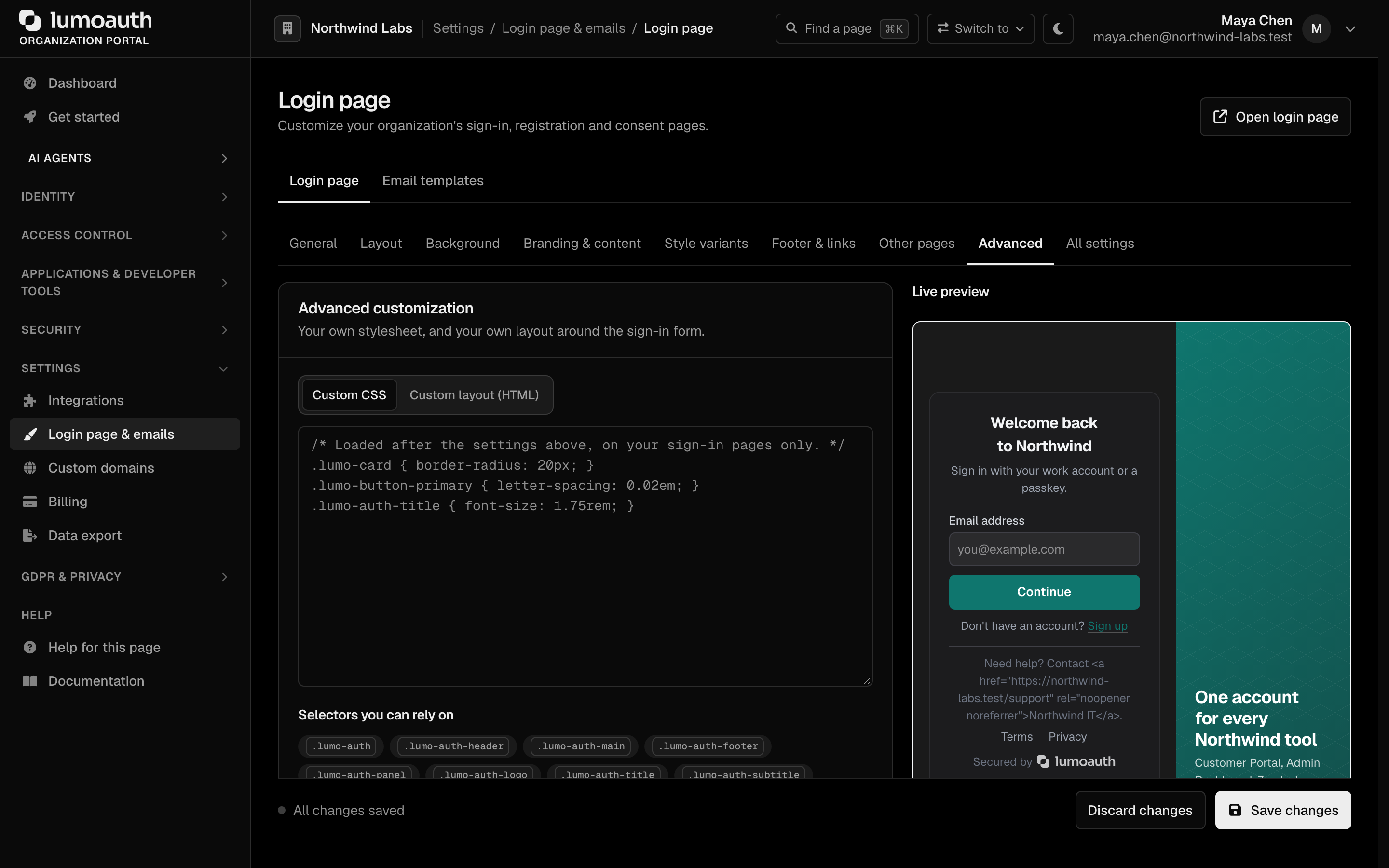 The Advanced customization section with the Custom CSS and Custom layout (HTML) tabs
