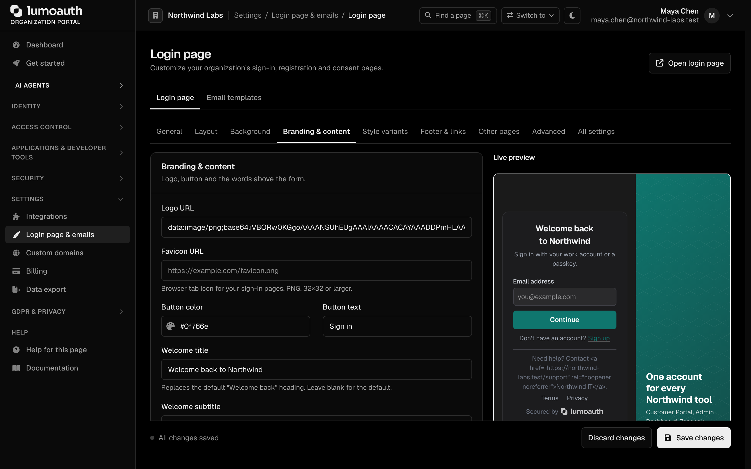 The Branding & content section with the logo URL, button color, button text and welcome fields