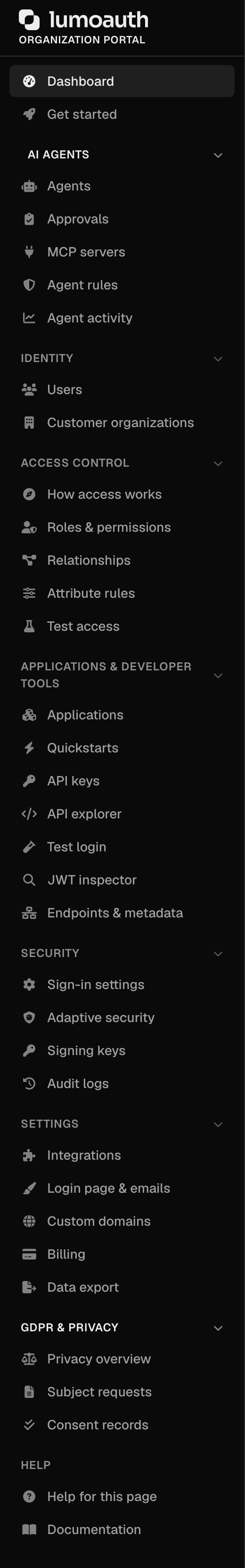The portal sidebar with all of its groups expanded