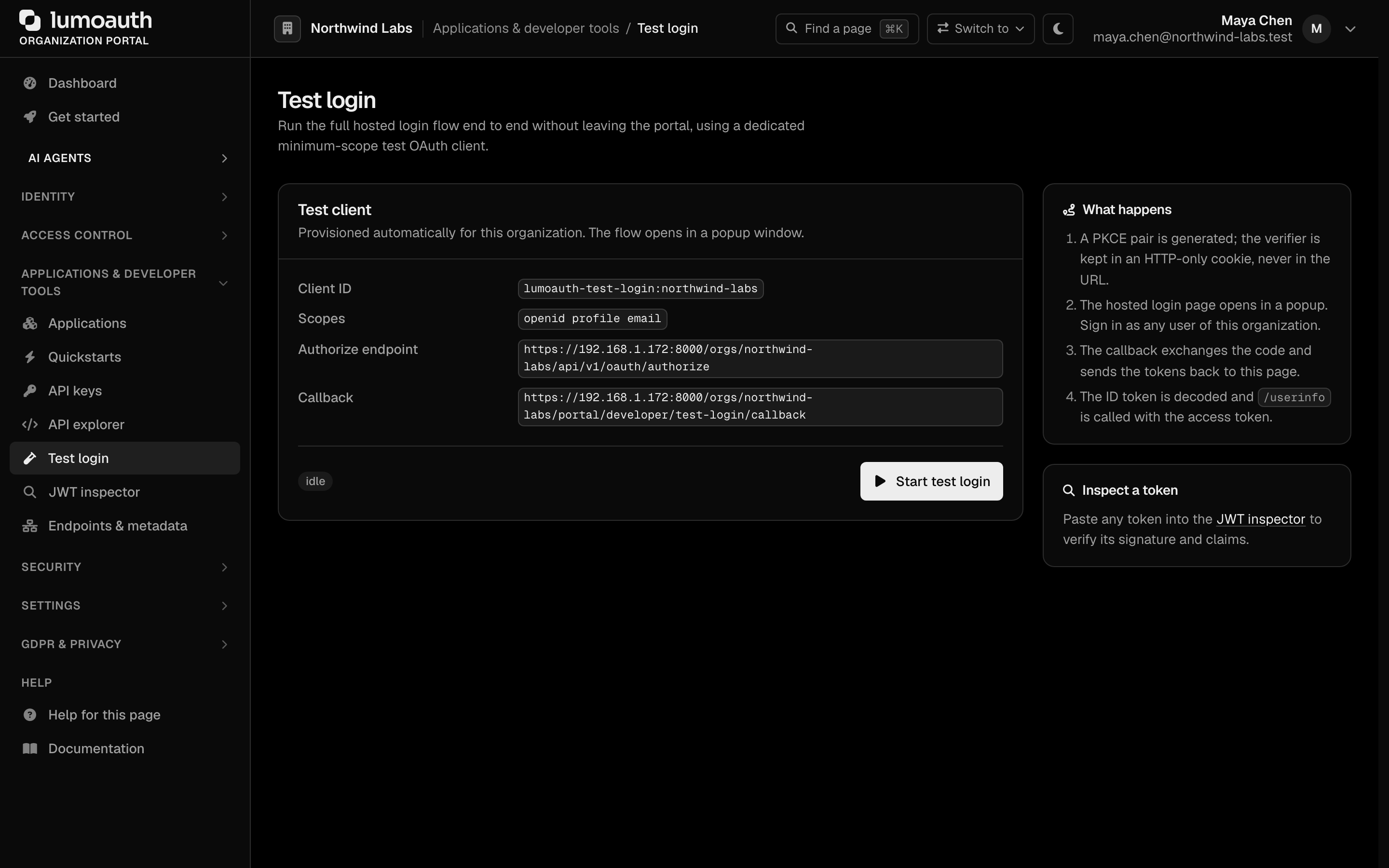 The Test login page with the test client details and the Start test login button