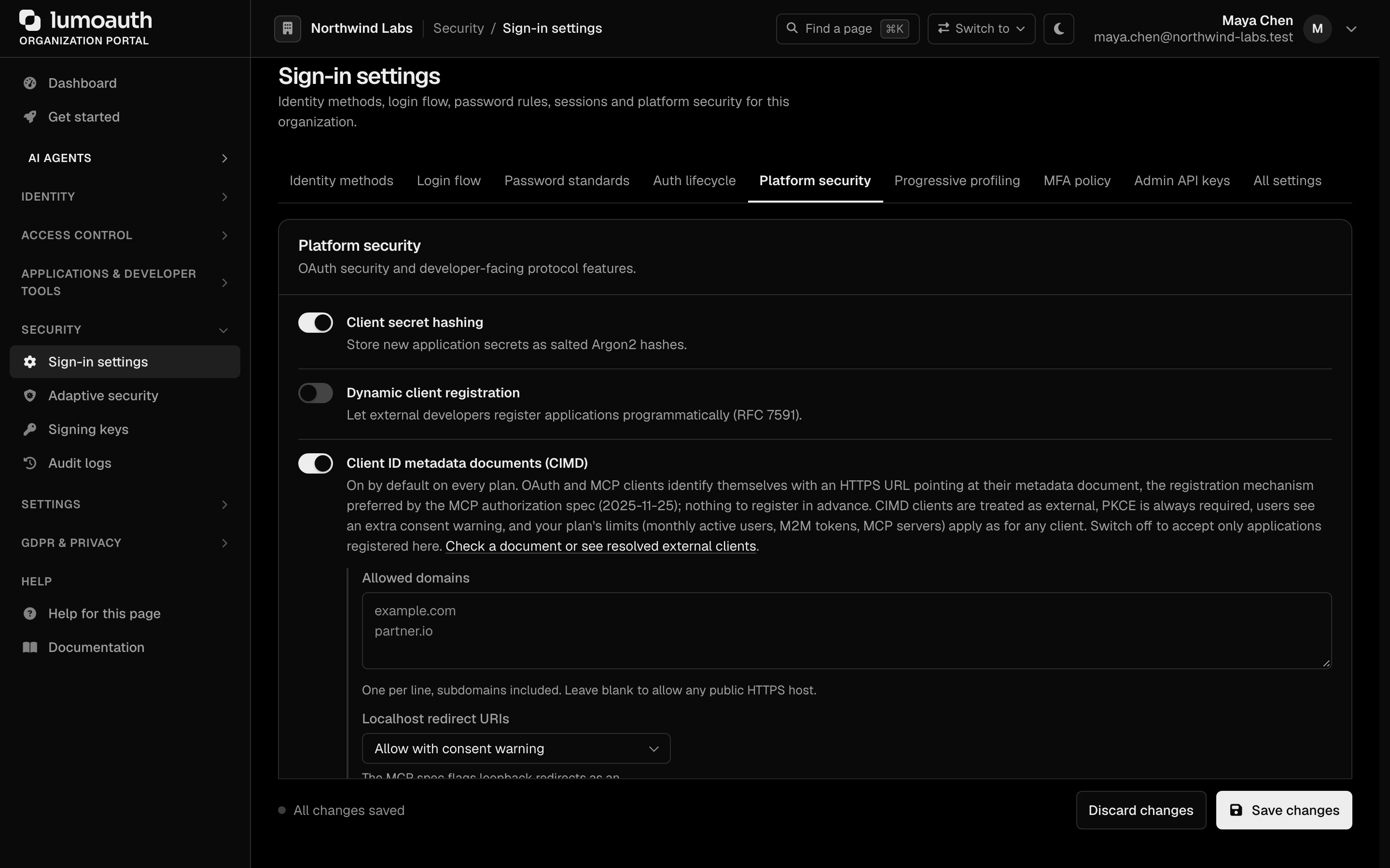 The Platform security section of Sign-in settings with the Client ID metadata documents (CIMD) switch