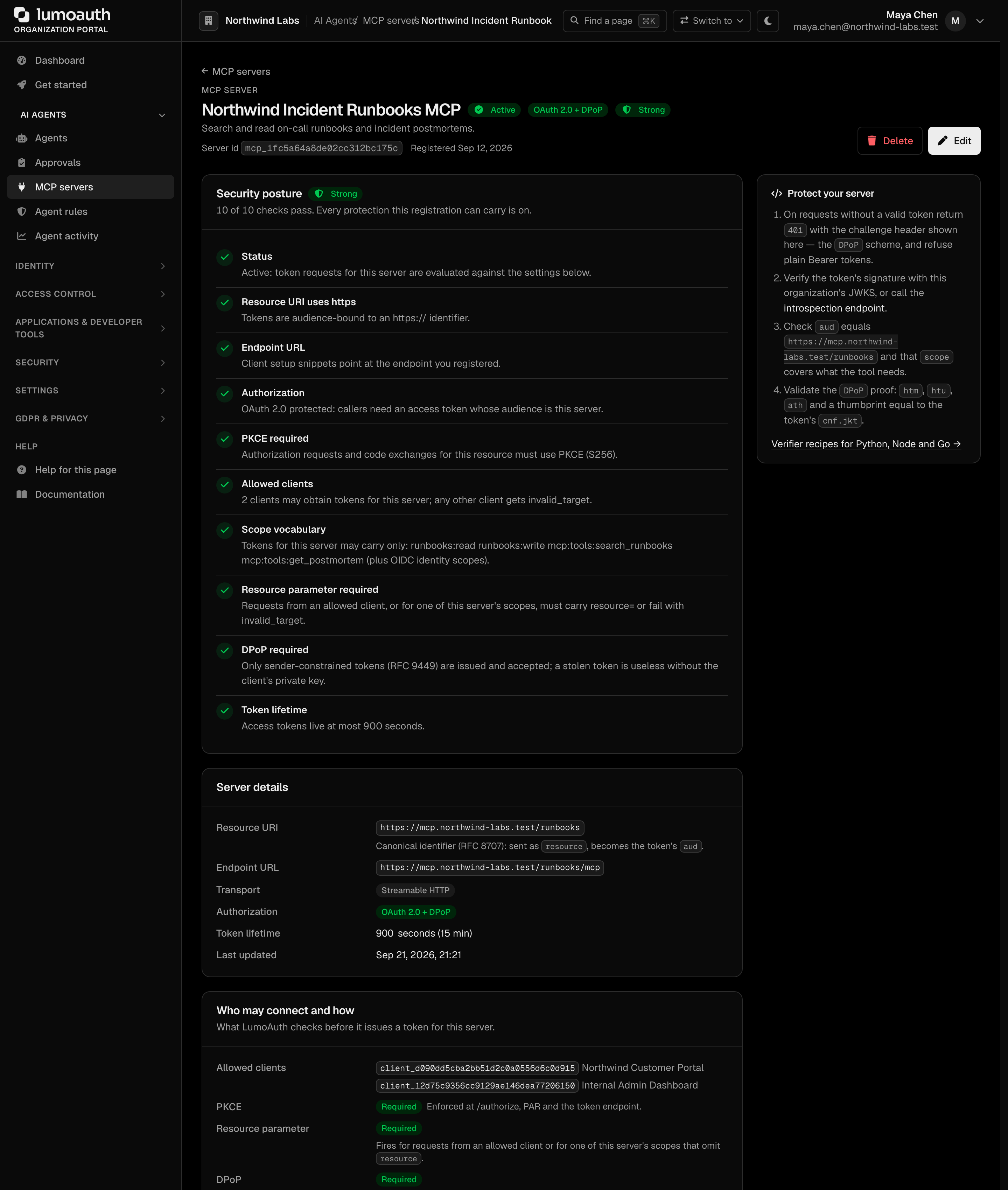The detail page of a registered MCP server showing its security posture, Server ID, resource URI, transport, allowed clients and scope vocabulary