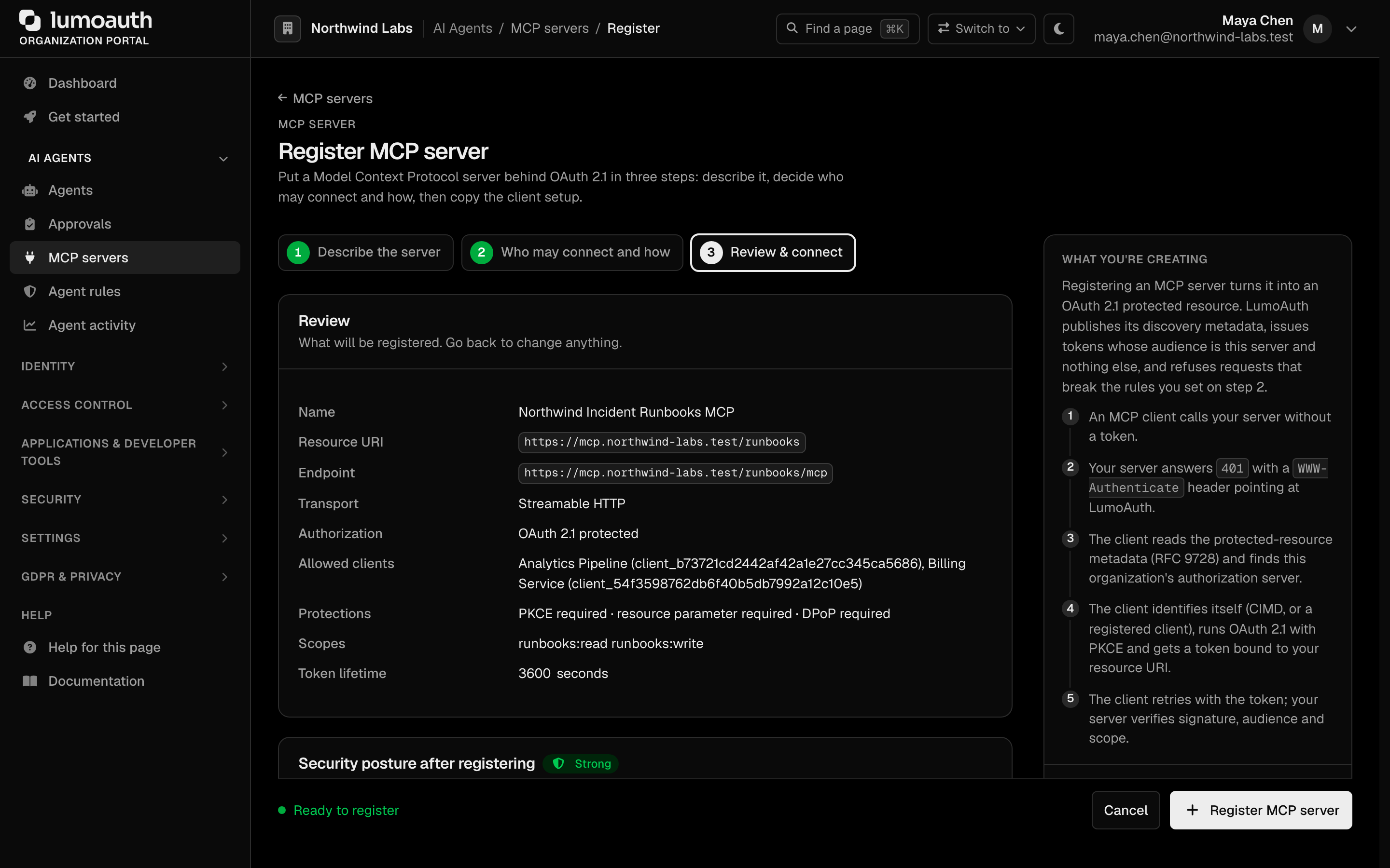 Step 3 of the wizard, Review & connect, with the summary of what will be registered and the Register MCP server button