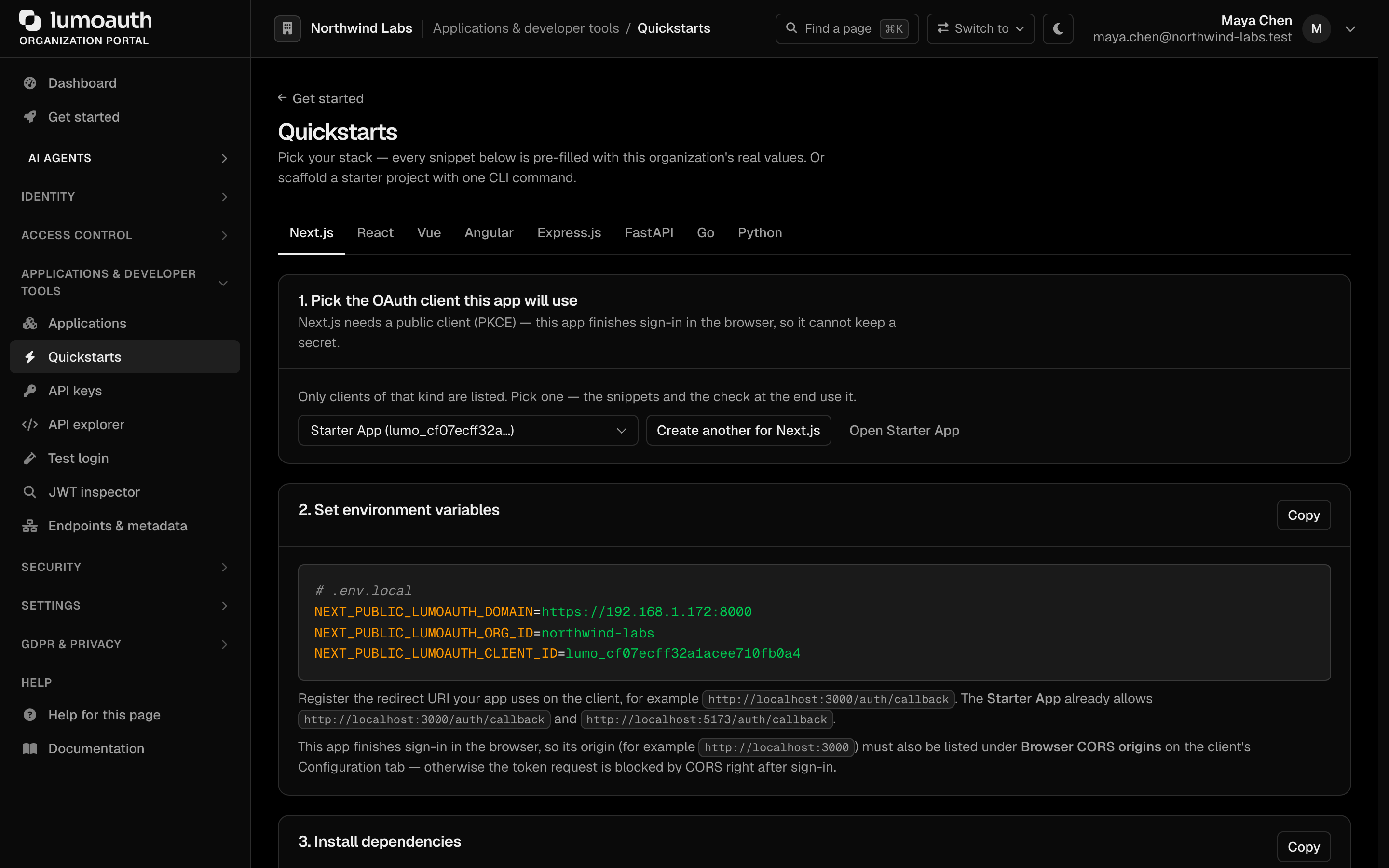 The Quickstarts page with the Next.js tab selected, showing pre-filled environment variables